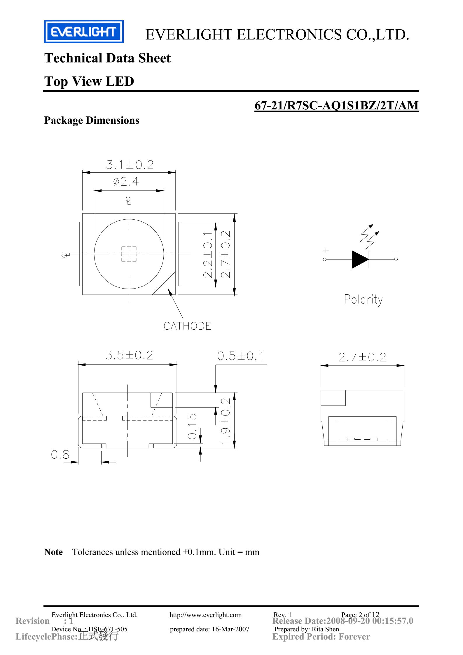 亿光贴片3528汽车专用灯珠67-21/R7SC-AQ1S1BZ/2T/AM参数及规格书(PDF 数据表)