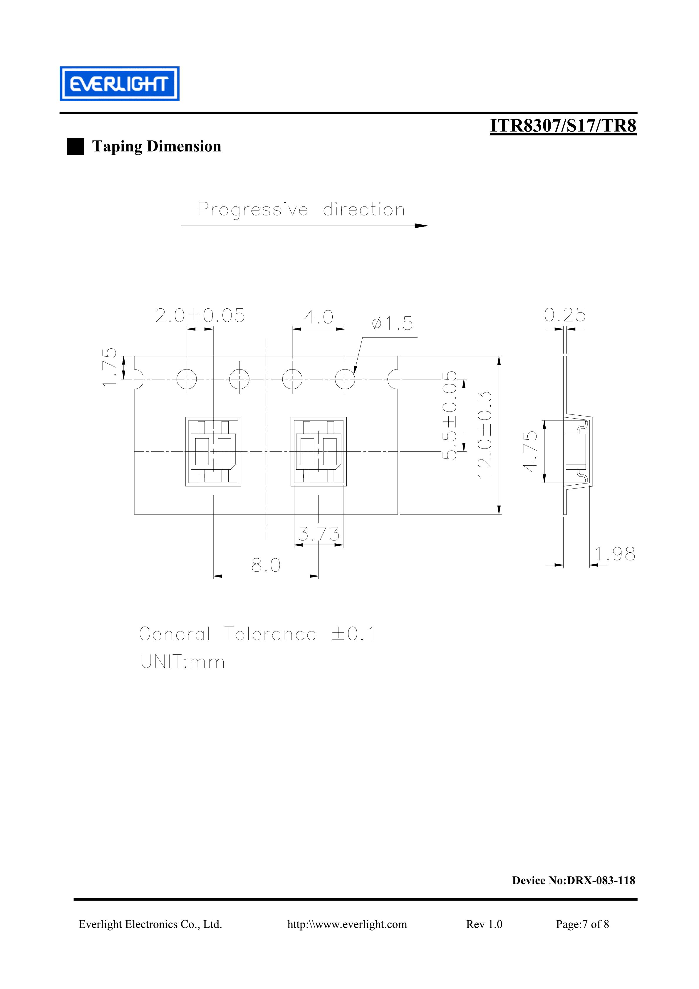 亿光贴片反射式光电开关ITR8307-S17/TR8参数及规格书(PDF 数据表)