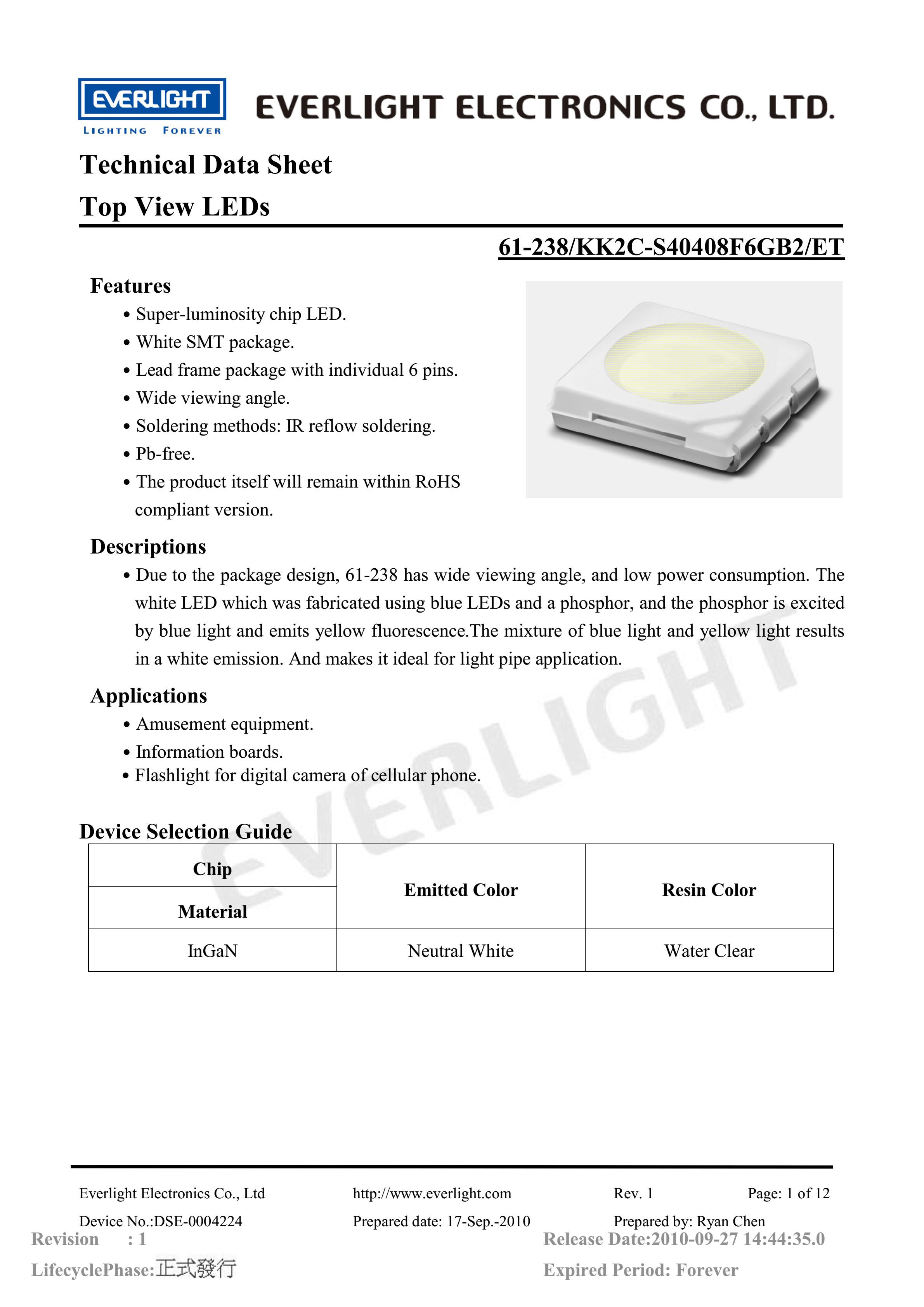 亿光贴片5050灯珠61-238-KK2C-S40408F6GB2-ET白光规格书PDF（数据表）