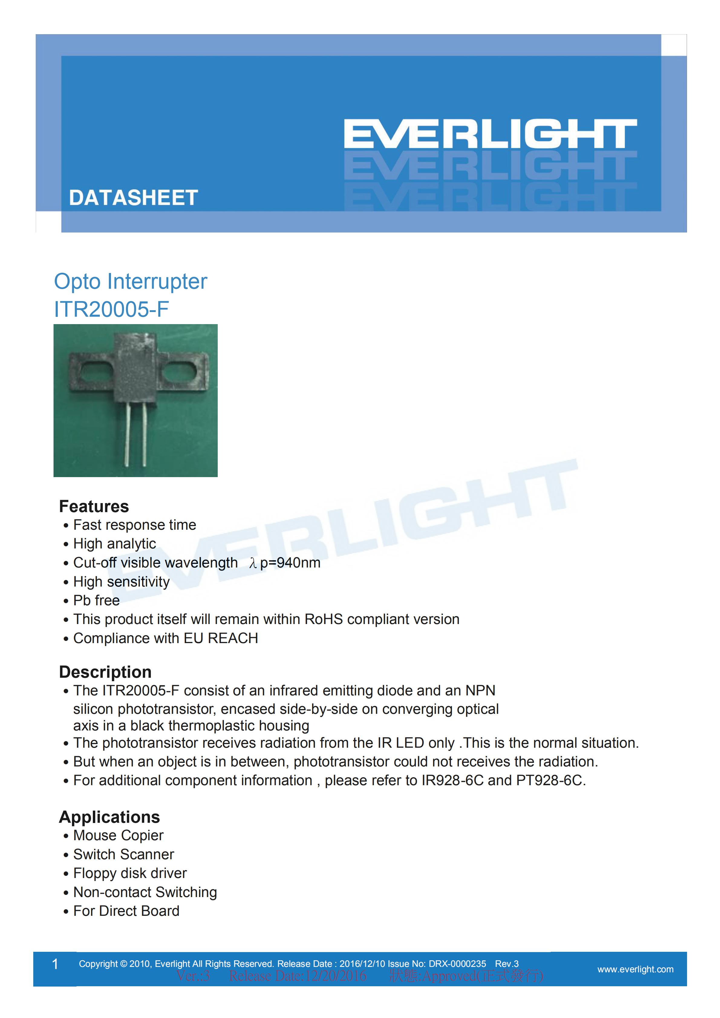 亿光槽型式光电开关ITR20005-F开关传感器参数及规格书(PDF 数据表)