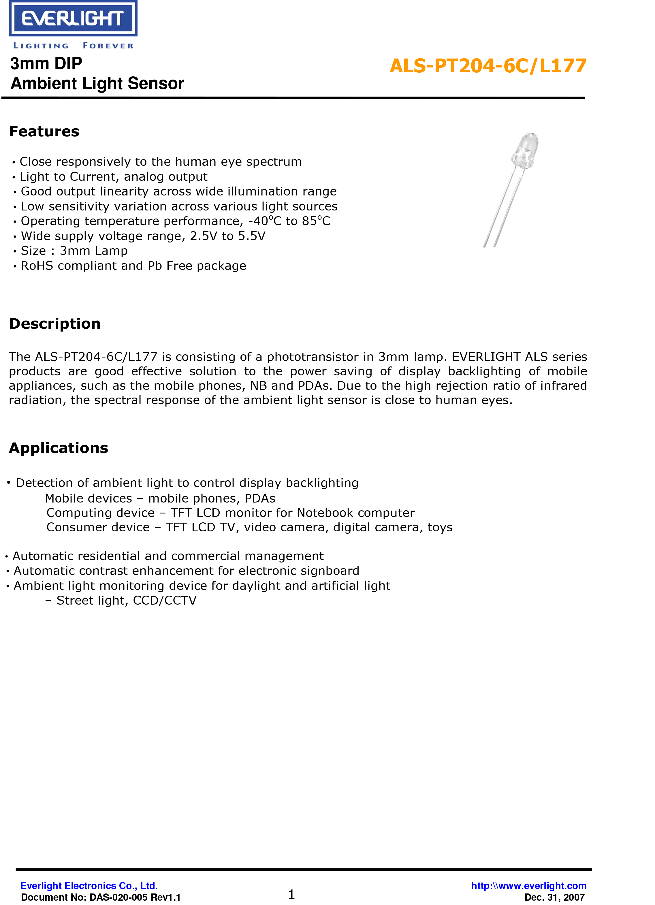 亿光直插3mm环境光传感器ALS-PT204-6C-L177规格书（数据表PDF）