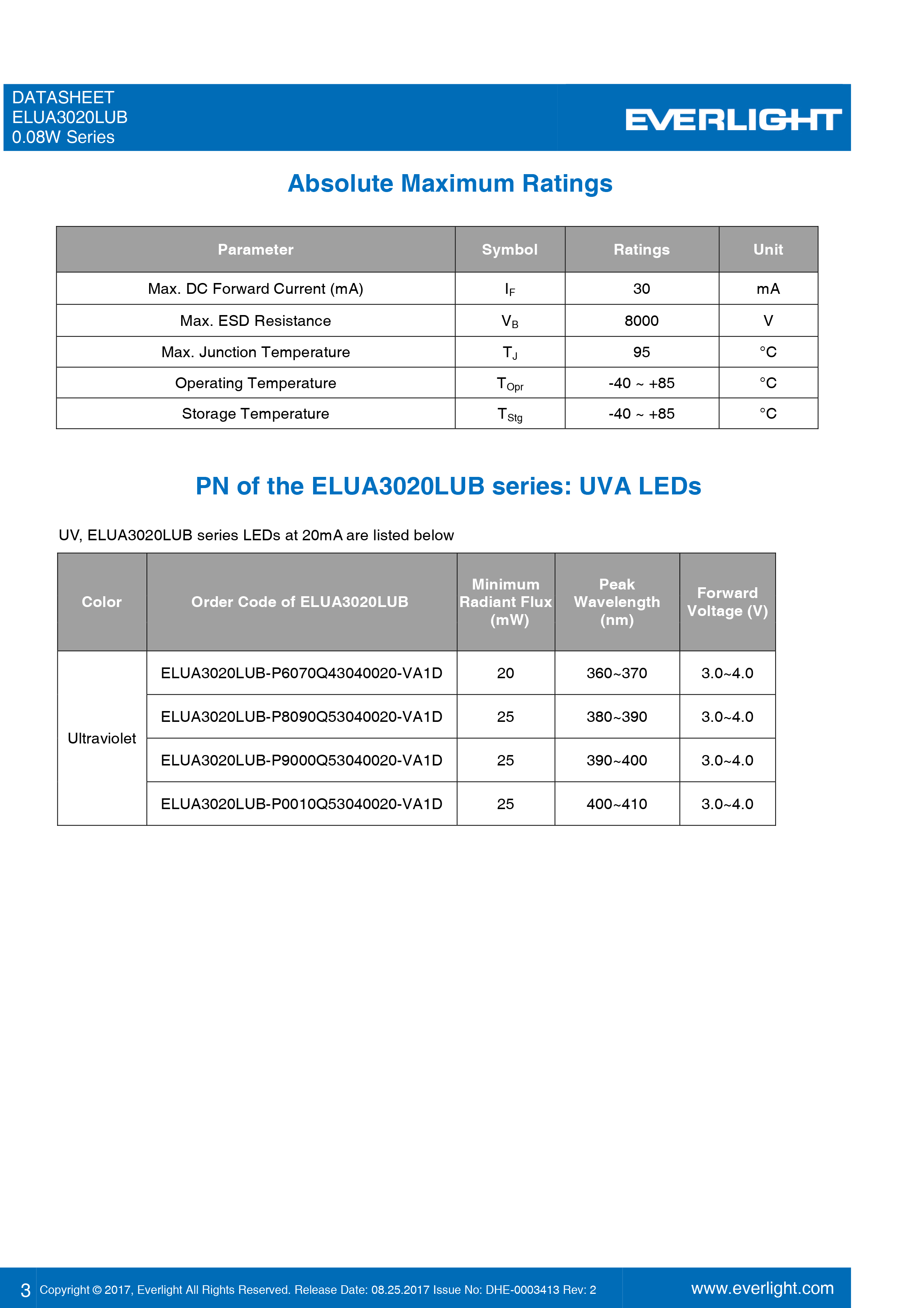 亿光0.08W紫光LED灯珠ELUA3020LUB-P0010Q53040020-VA1D规格书PDF