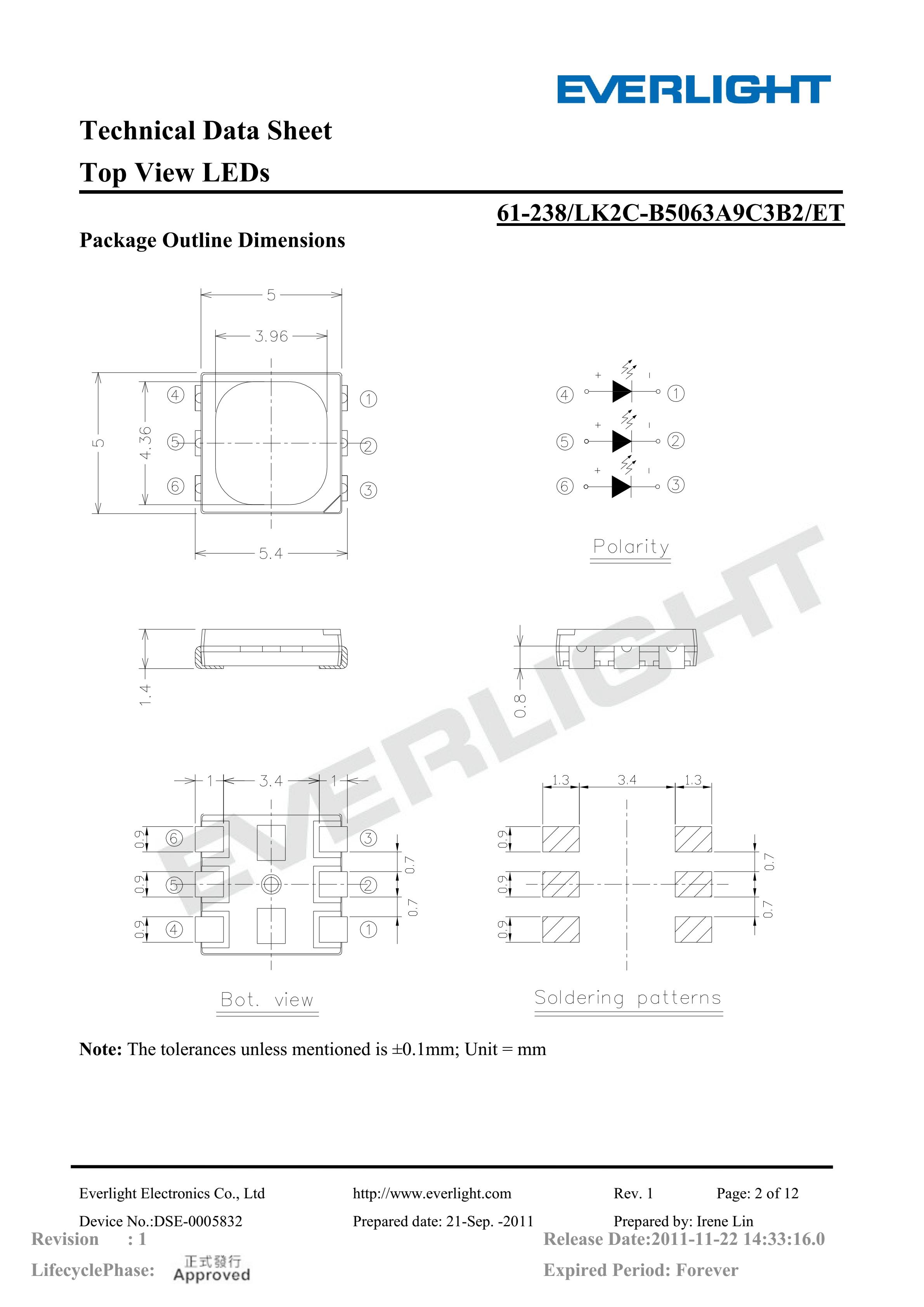 亿光贴片5050灯珠61-238-LK2C-B5063A9C3B2-ET 白光规格书PDF（数据表）