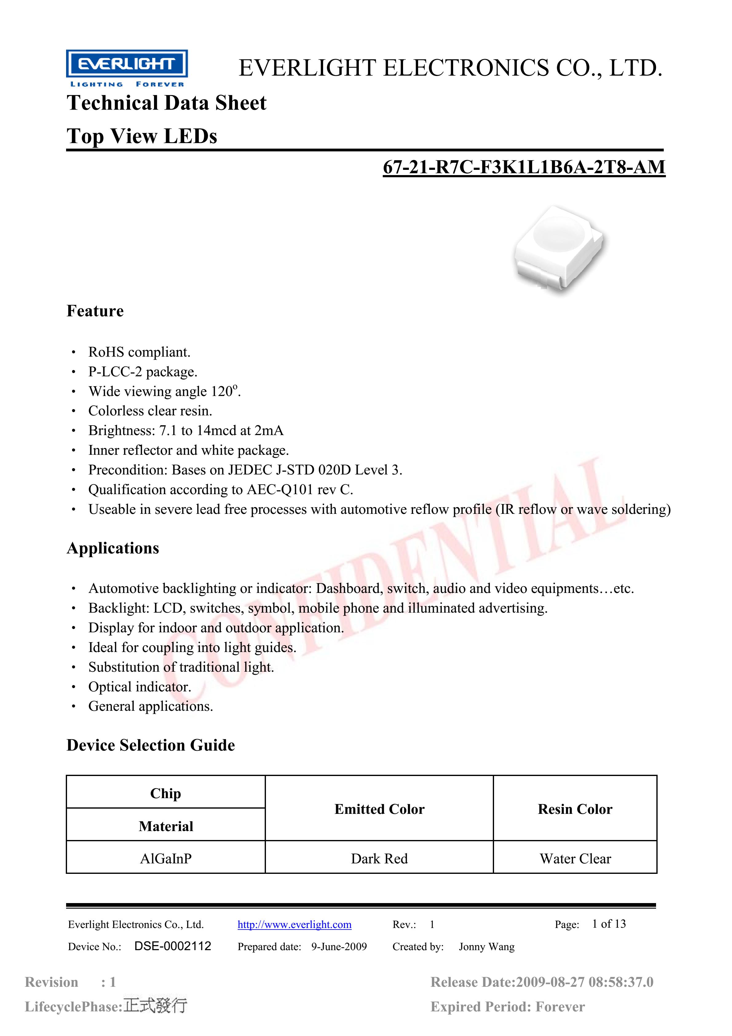 亿光贴片3528汽车专用灯珠67-21-R7C-F3K1L1B6A-2T8-AM红光规格书PDF（数据表）