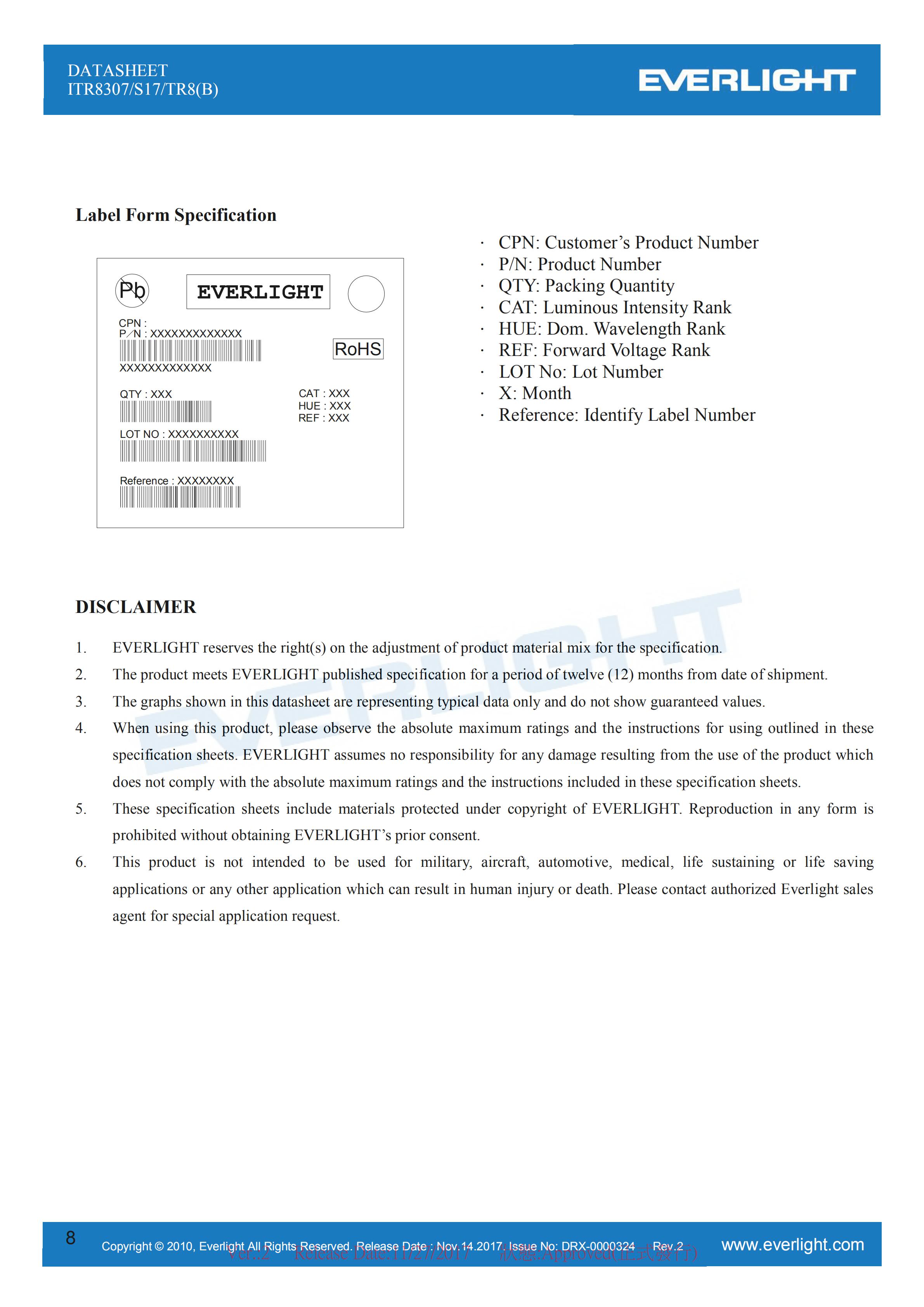 亿光贴片式光电开关ITR8307/S17/TR8(B)光电传感器参数及规格书(PDF 数据表)