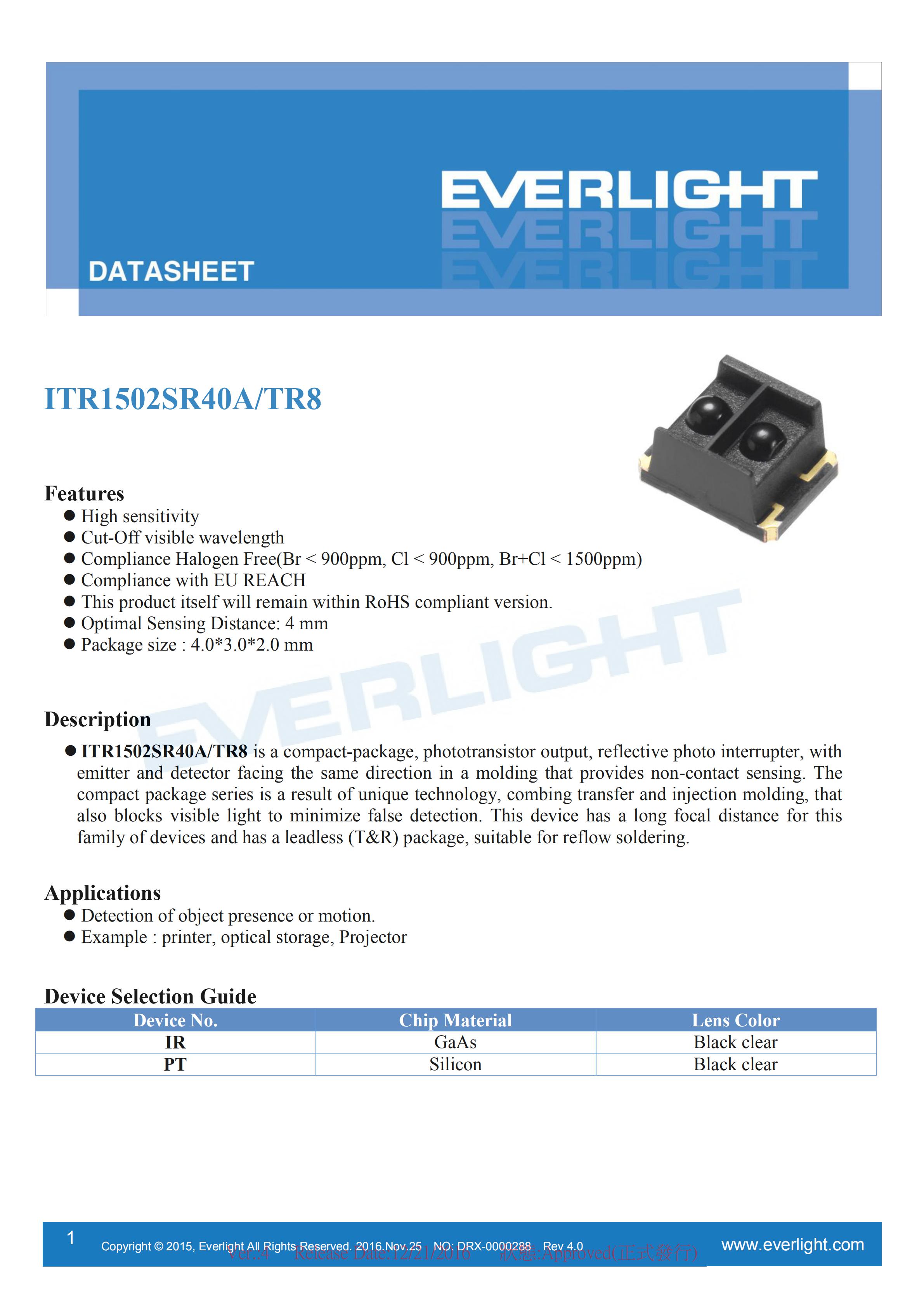 亿光反射式光电开关ITR1502SR40A/TR8贴片光电传感器参数及规格书(PDF 数据表)
