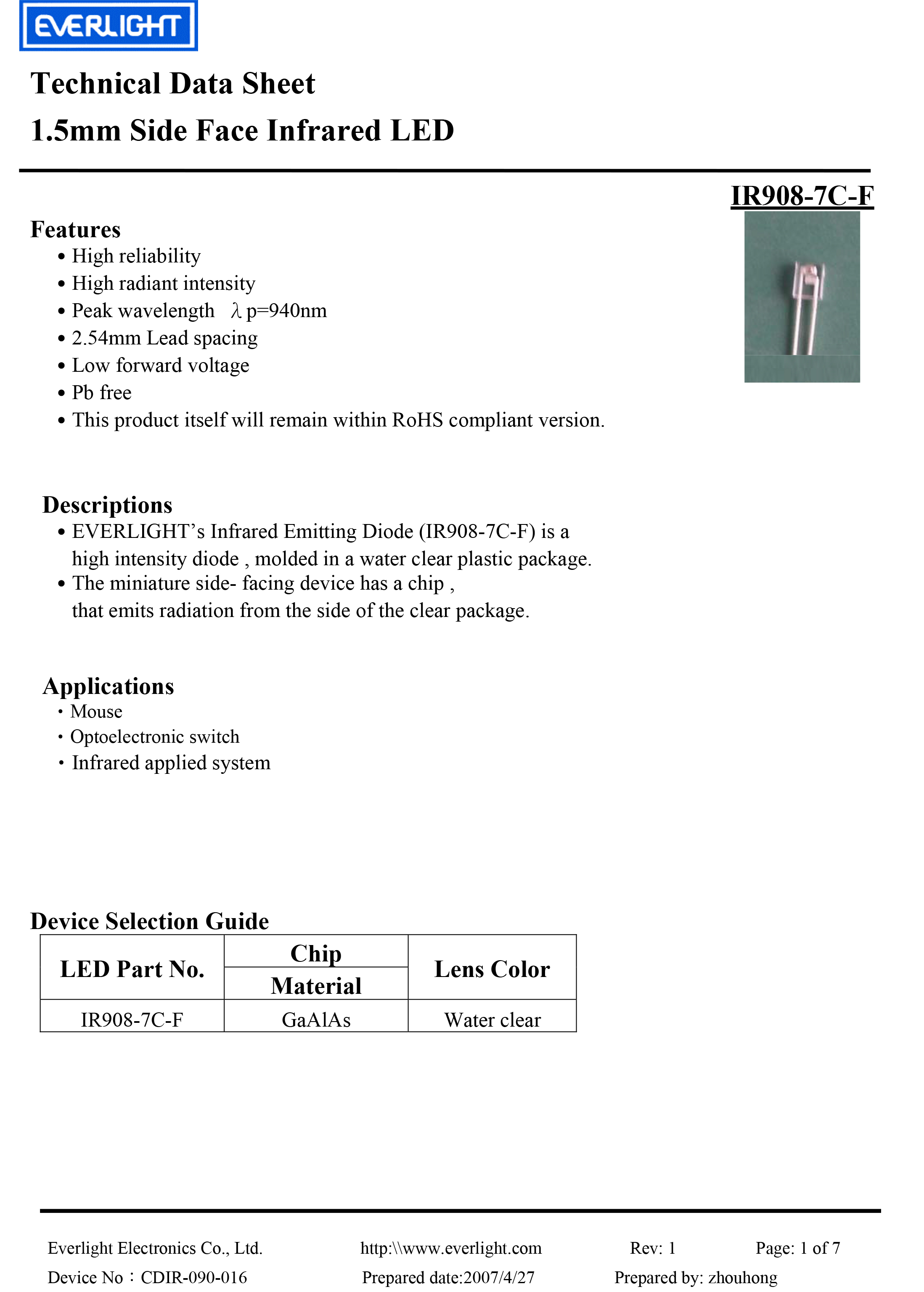 亿光侧面直插红外发射管IR908-7C-F规格书PDF