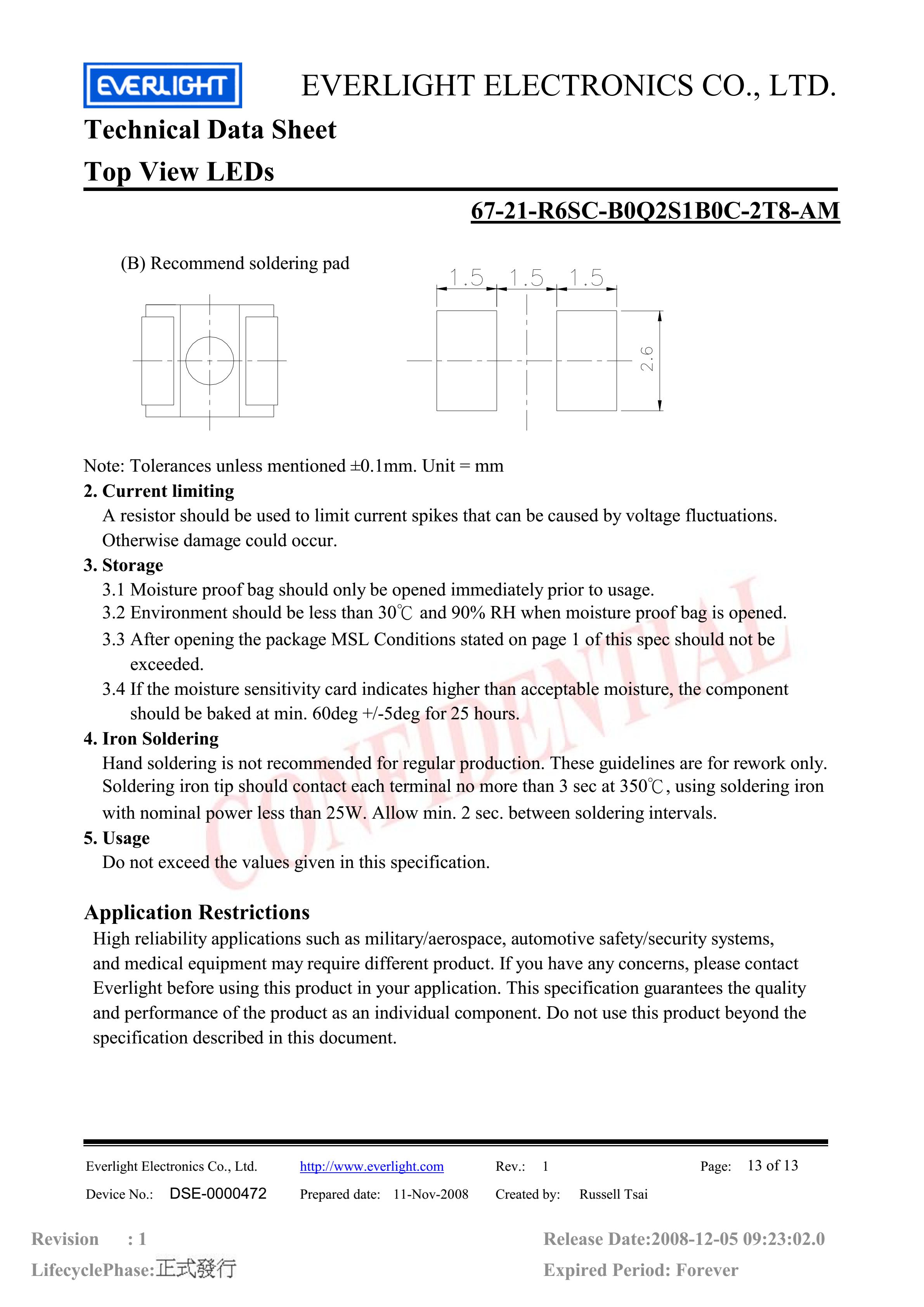 亿光贴片3528汽车专用灯珠67-21-R6SC-B0Q2S1B0C-2T8-AM红光规格书PDF（数据表）