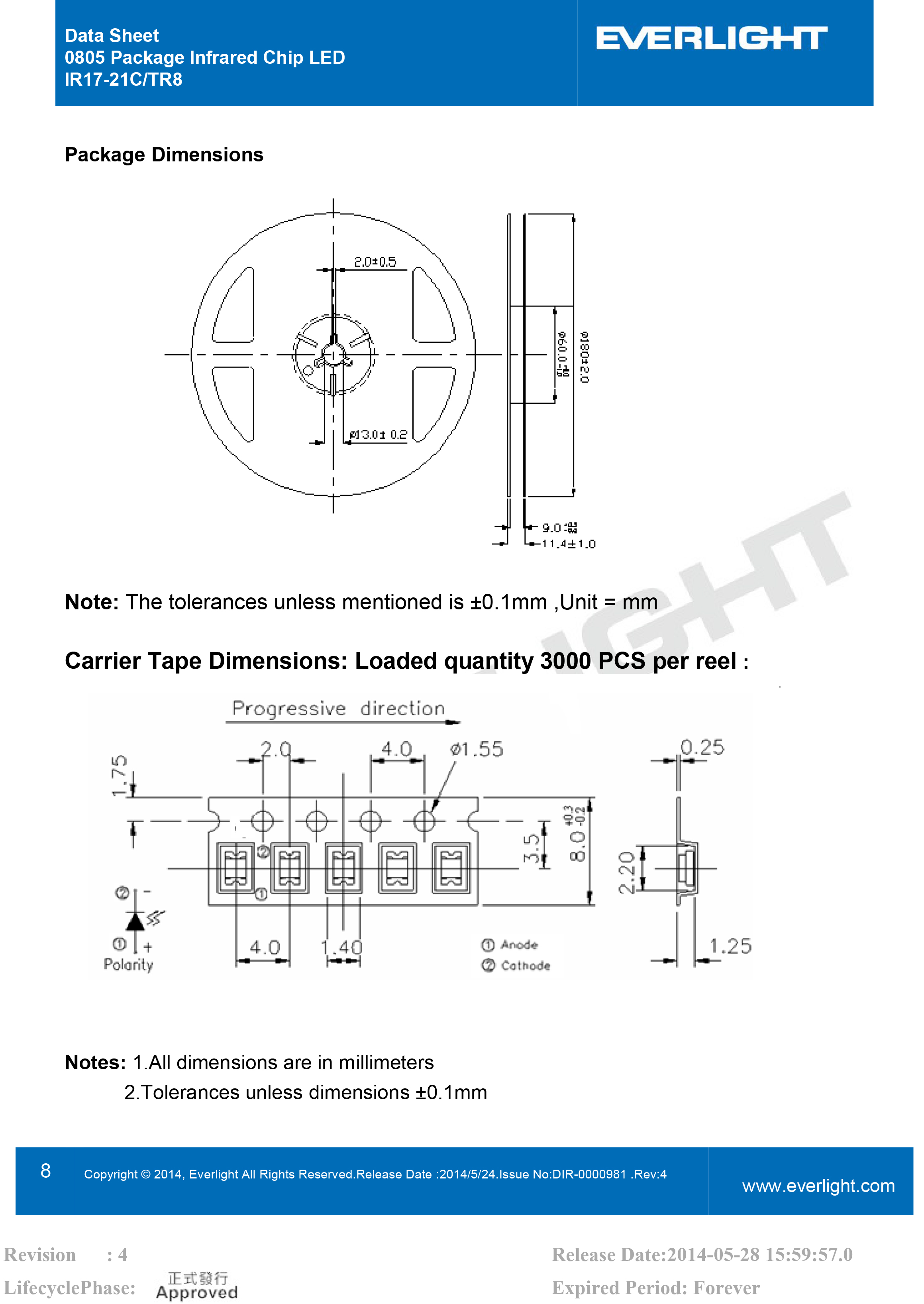 亿光贴片0805红外发射管940nm IR17-21C/TR8规格书PDF