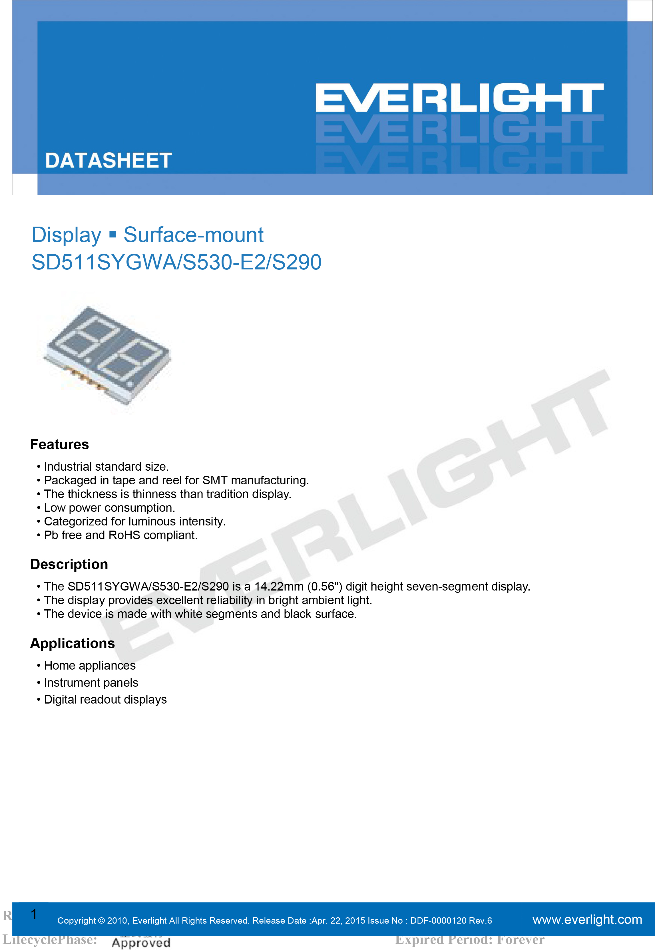 亿光贴片数码管SD511SYGWA/S530-E2/S290规格书PDF