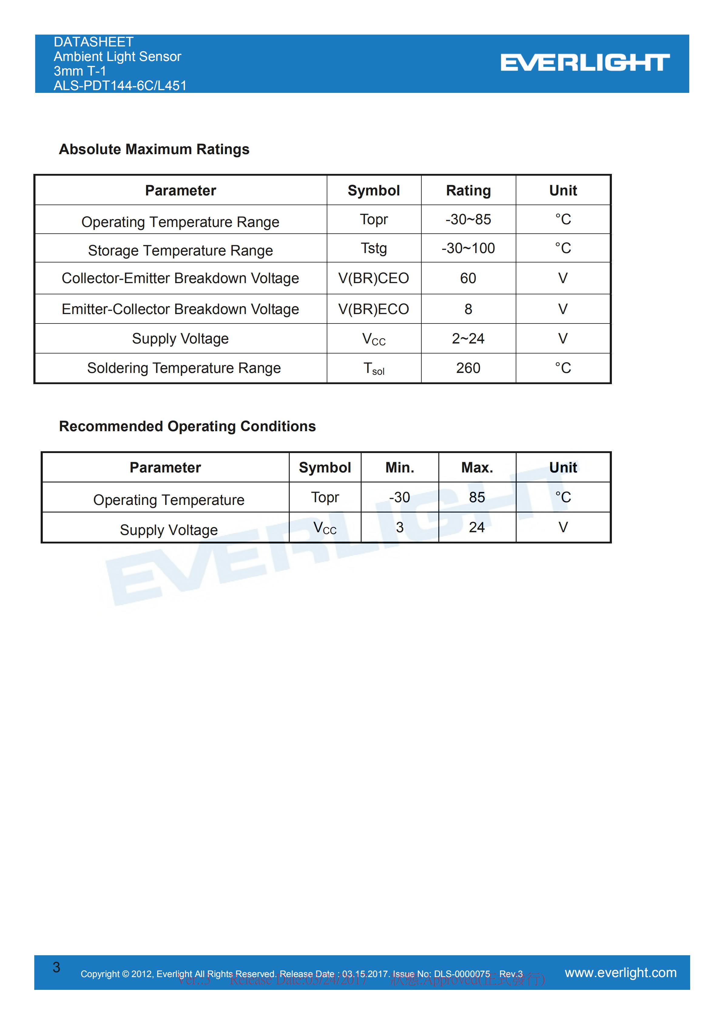 亿光直插环境光传感器ALS-PDT144-6C/L451光学传感器规格书（数据表PDF）