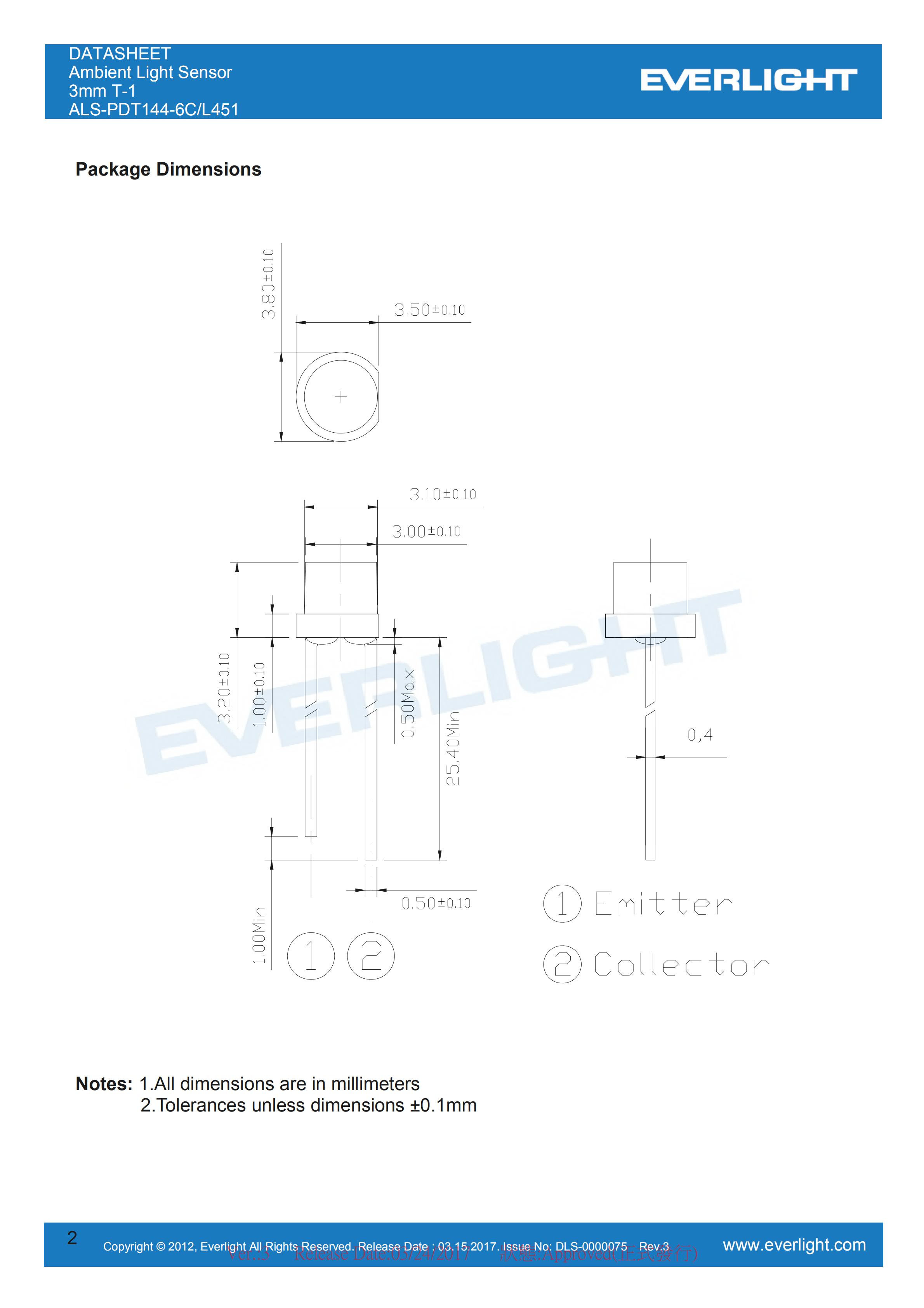 亿光直插环境光传感器ALS-PDT144-6C/L451光学传感器规格书（数据表PDF）