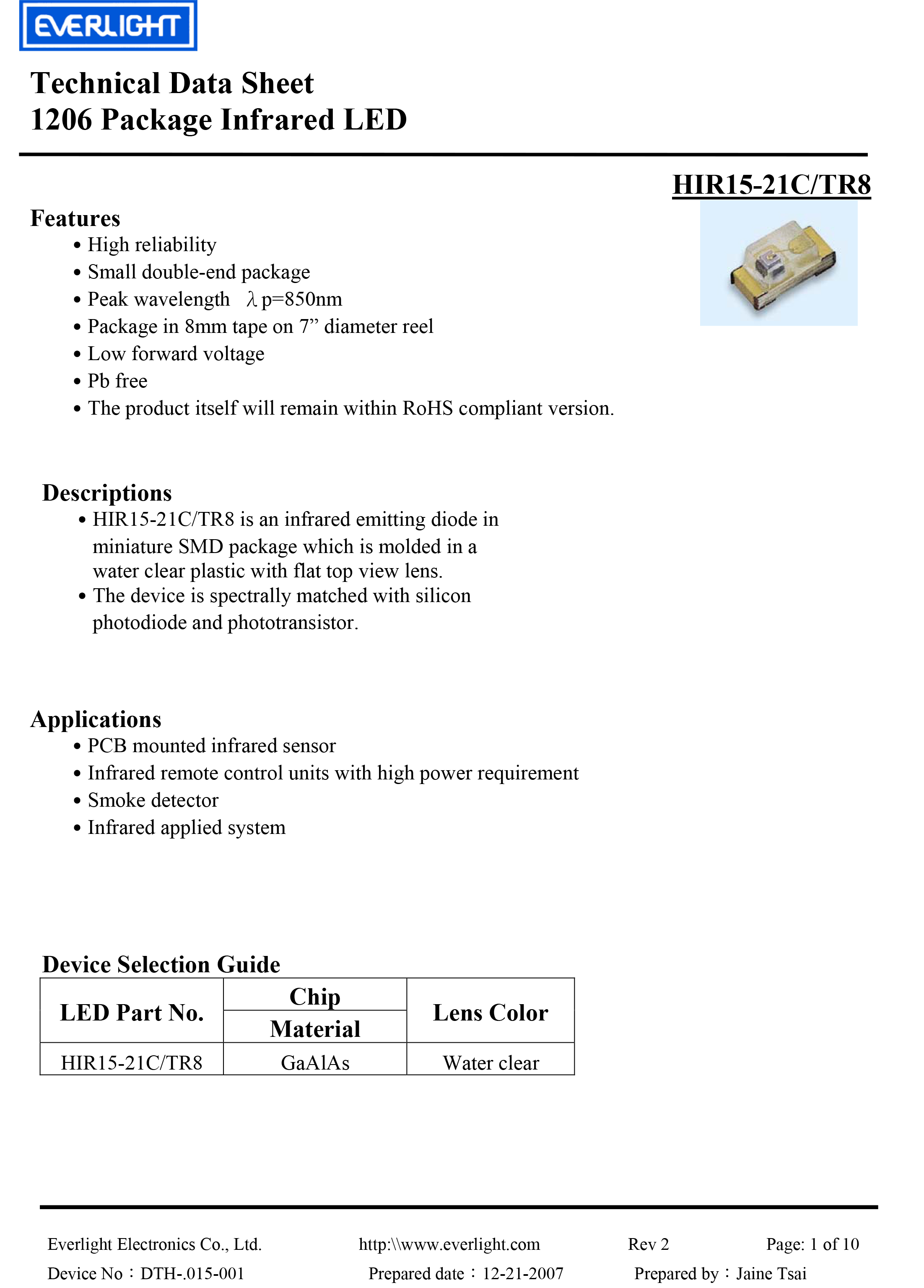 亿光贴片1206红外发射管HIR15-21C/TR8规格书PDF
