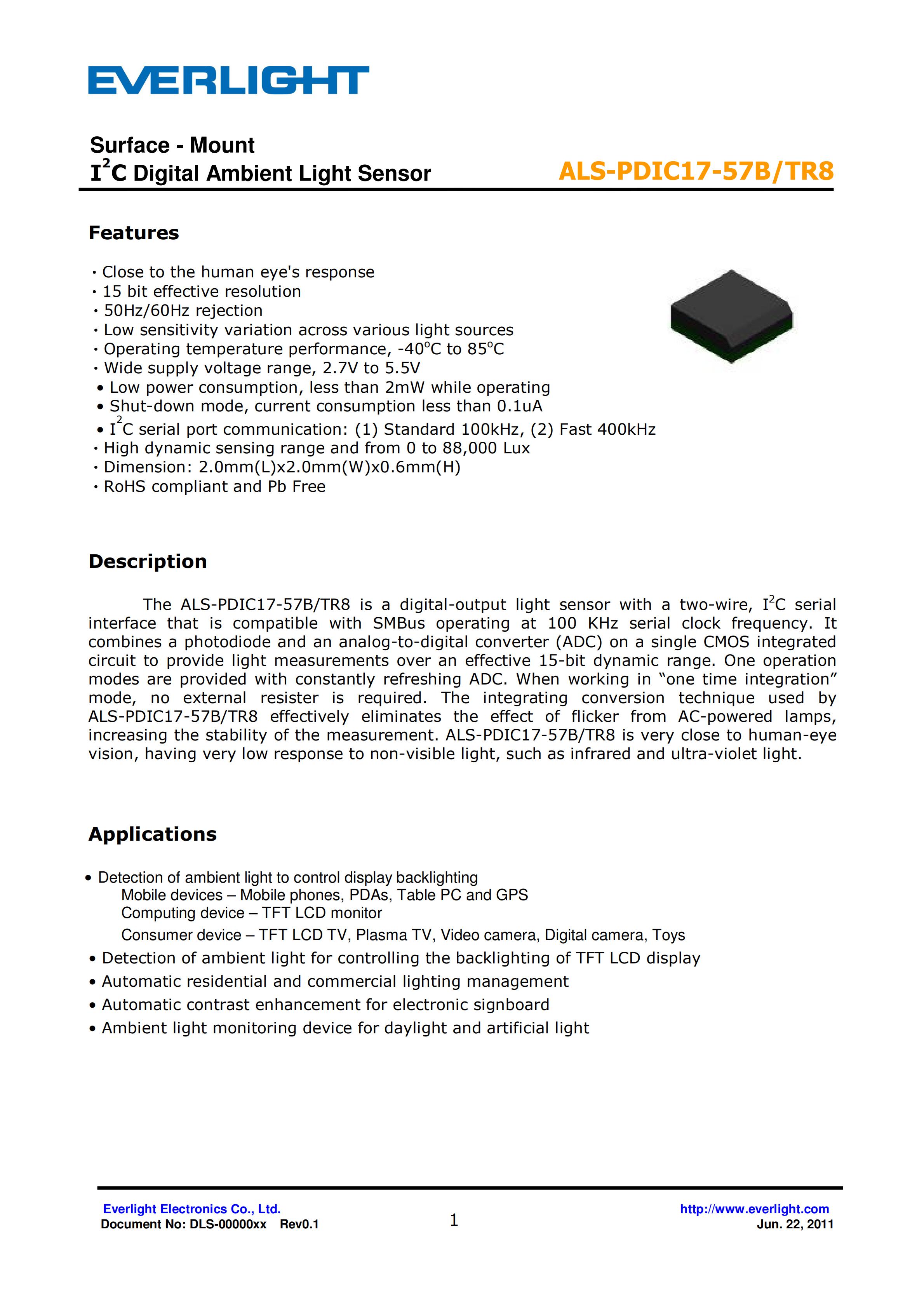 亿光贴片0805环境光传感器ALS-PDIC17-57B/TR8规格书（数据表PDF）
