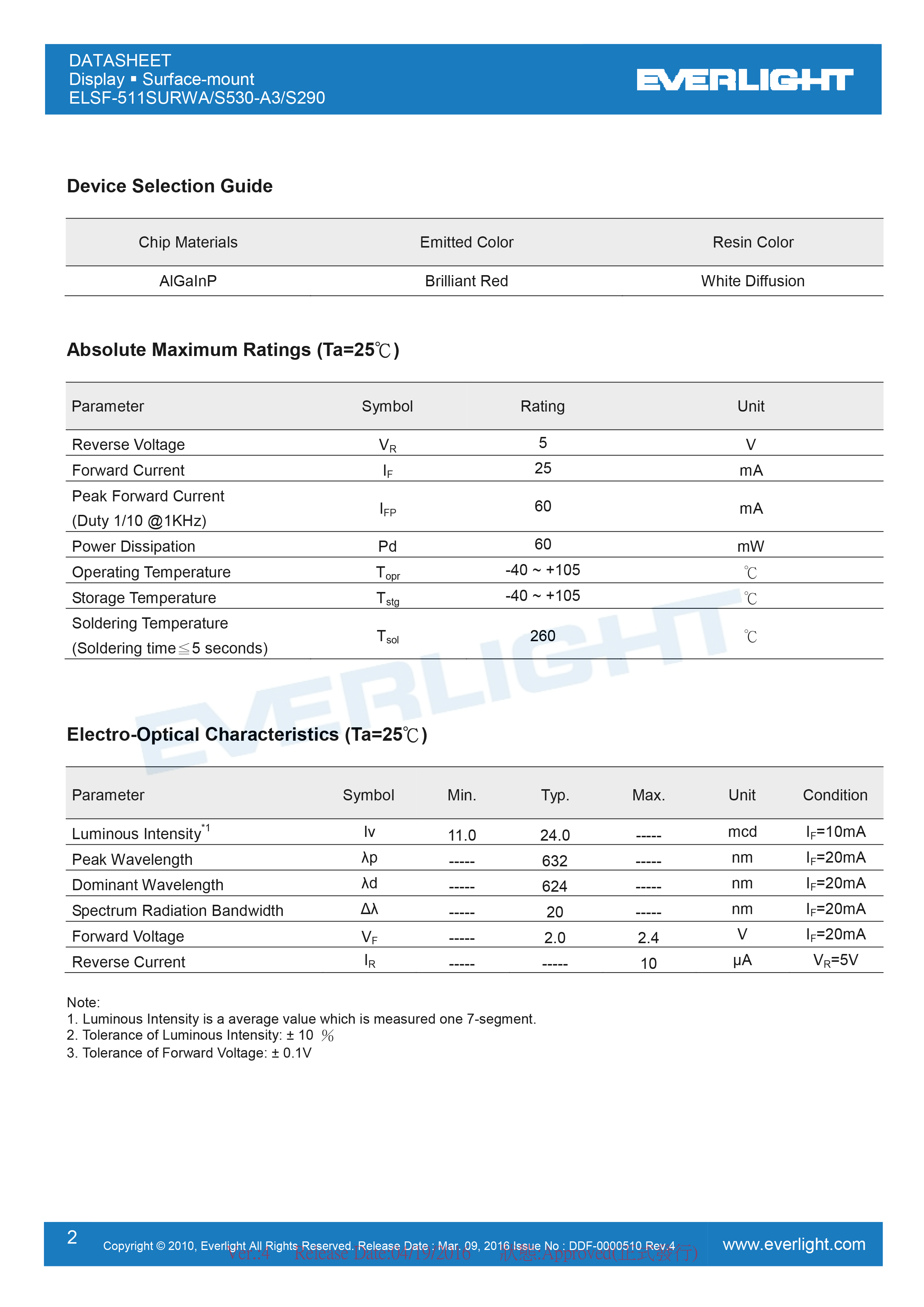 亿光四位贴片数码管ELSF-511SURWA-S530/A3-S290规格书PDF