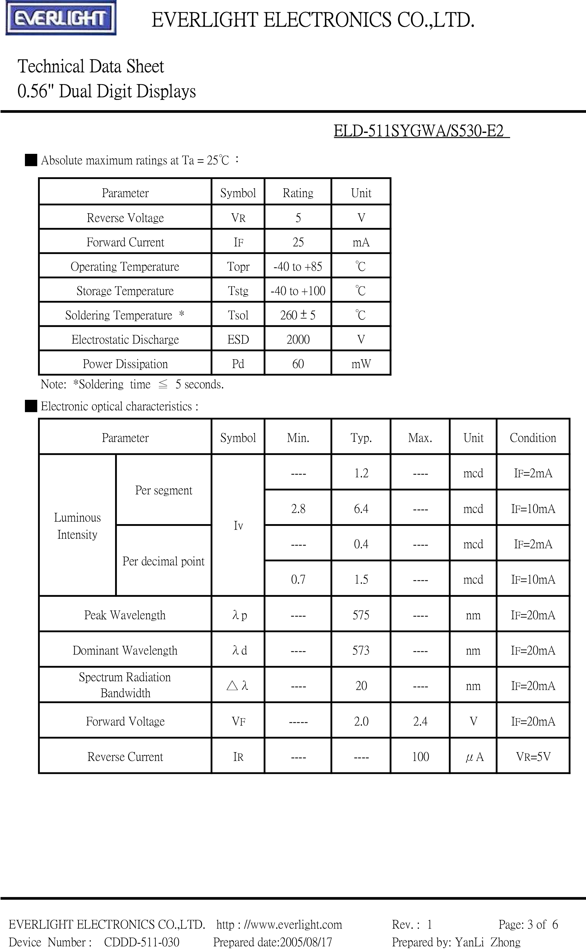 亿光直插单位数码管ELD-511SYGWA/S530-E2规格书PDF