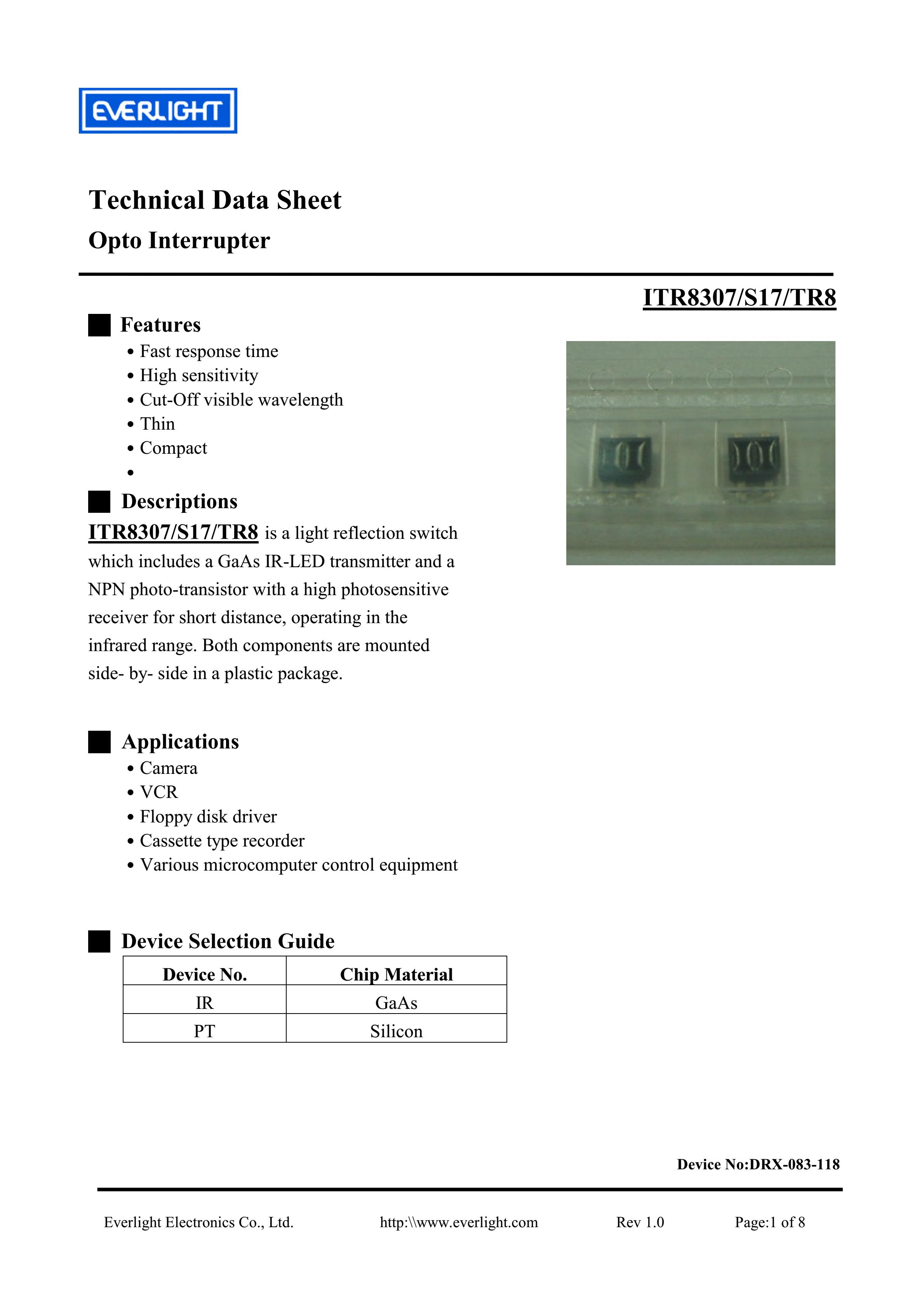 亿光贴片反射式光电开关ITR8307-S17/TR8参数及规格书(PDF 数据表)