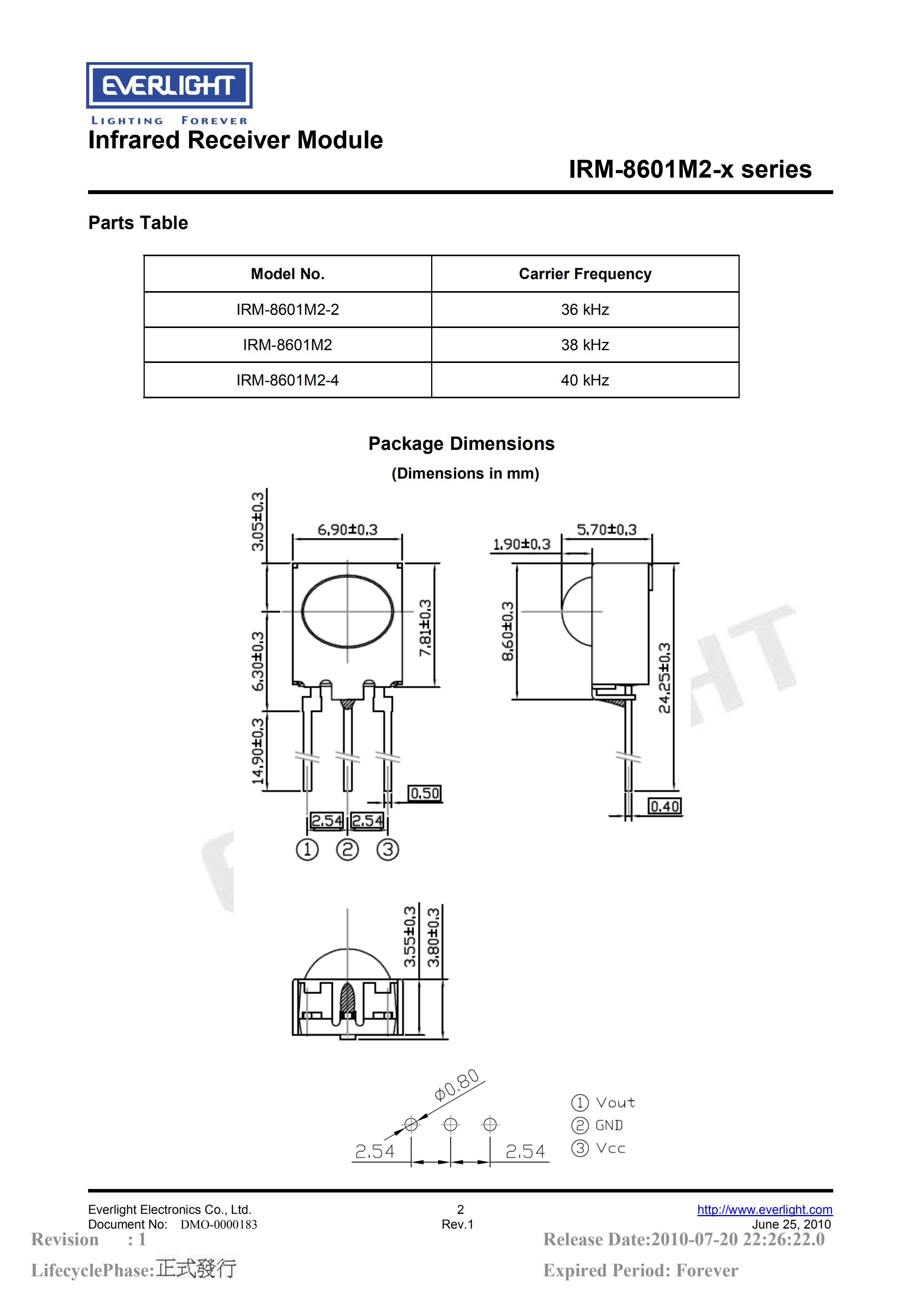 亿光直插红外接收头IRM-8601M2 38kHz规格书PDF（数据表）