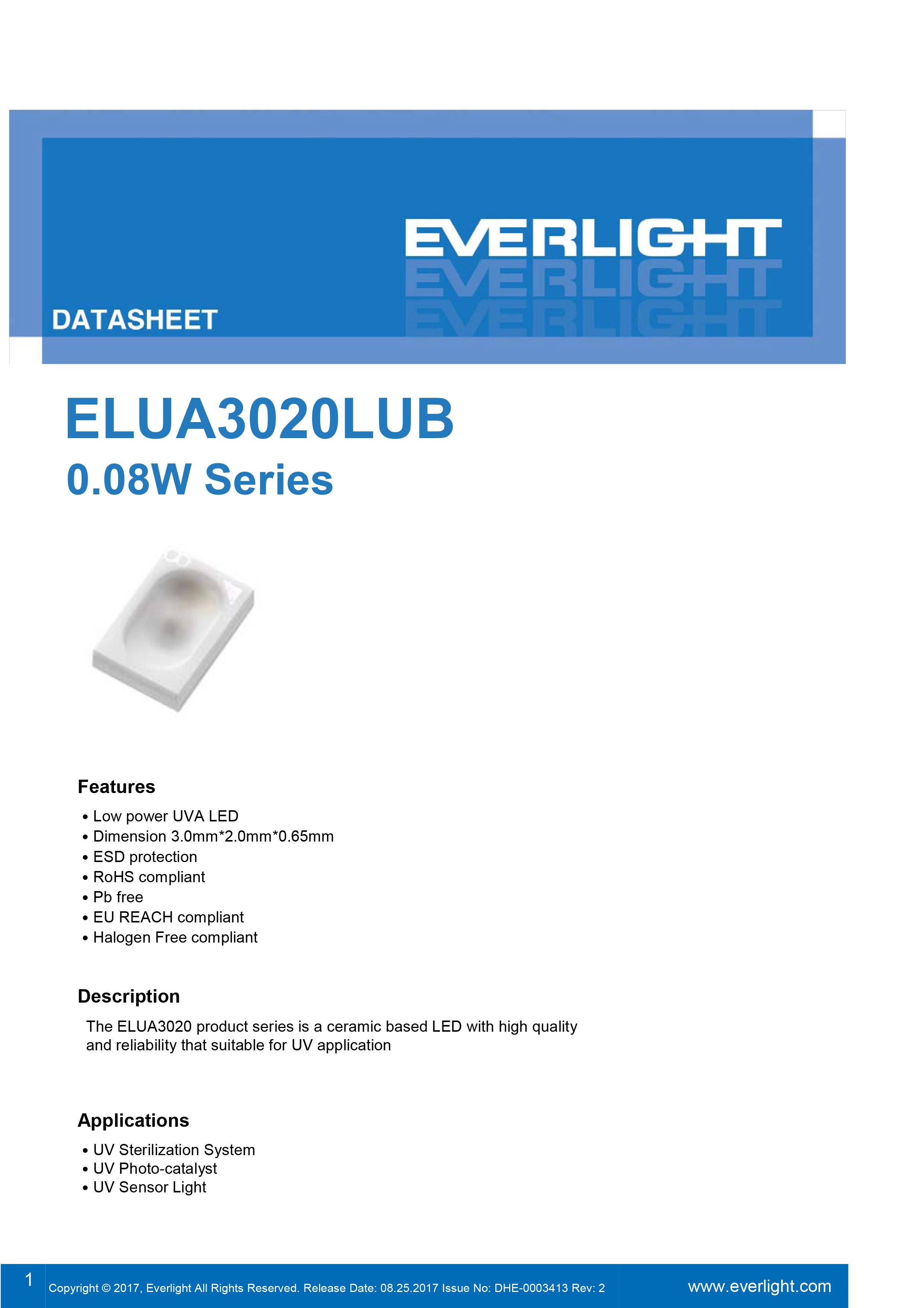 亿光0.08W紫光LED灯珠ELUA3020LUB-P8090Q53040020-VA1D规格书PDF