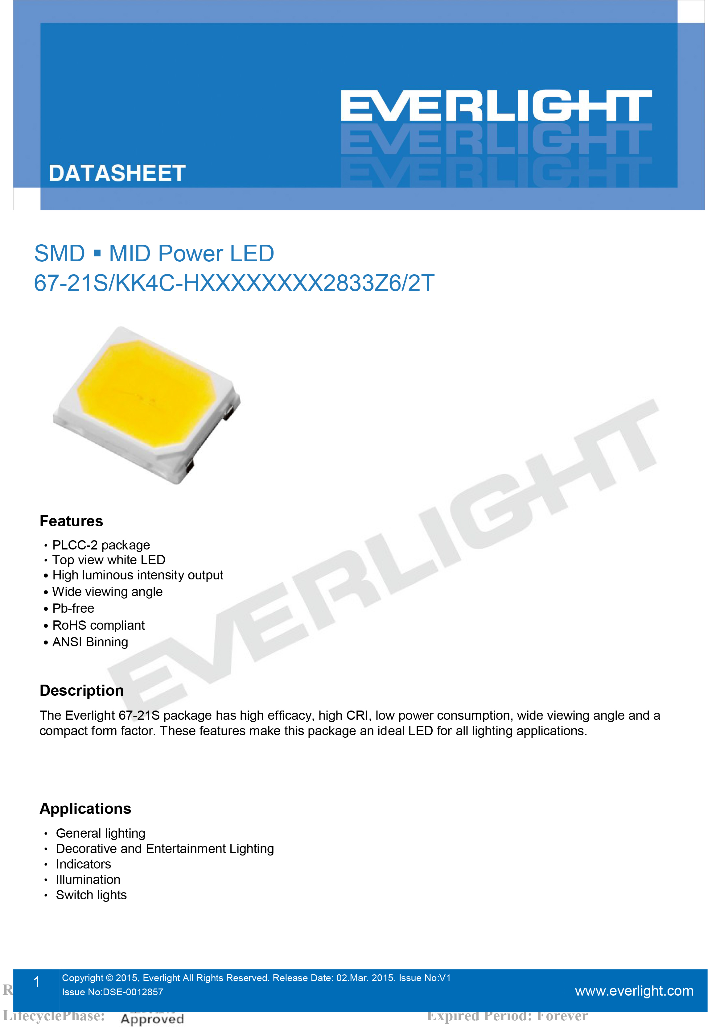 亿光贴片LED2835灯珠67-21S/KK4C-H2727M4N42833Z6/2T规格书PDF（数据表）
