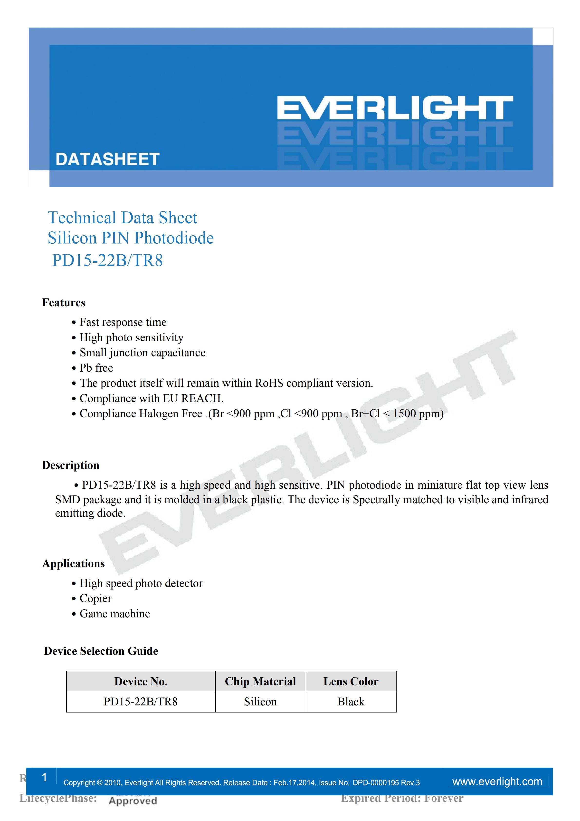 亿光贴片二极管红外接收管PD15-22B/TR8规格书PDF（数据表）