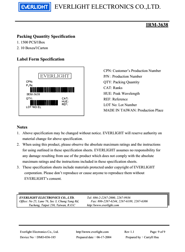 亿光直插红外接收头IRM-3638规格书PDF