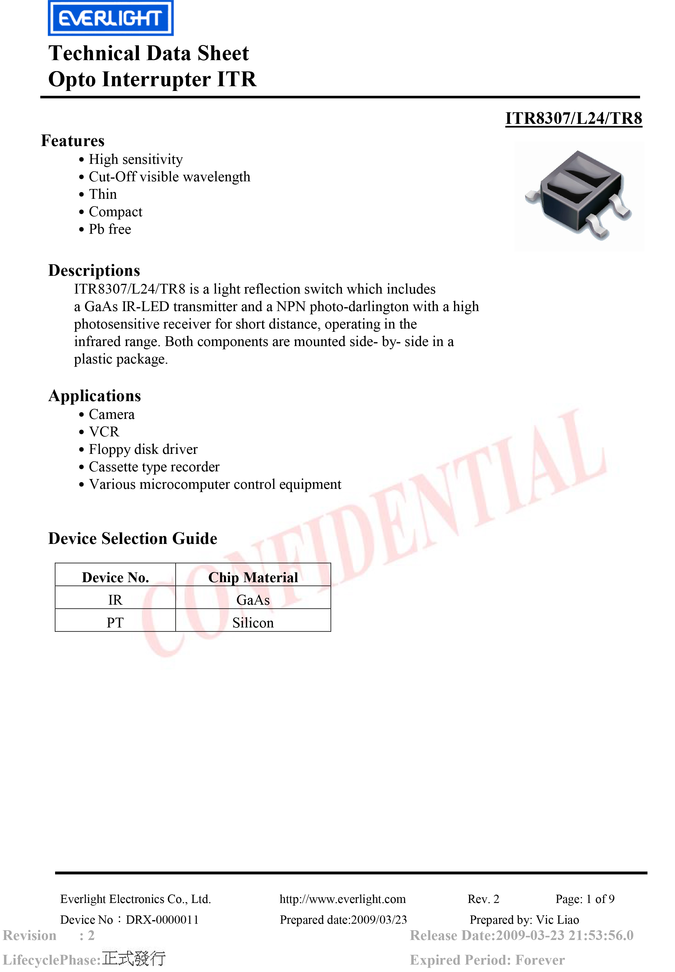 亿光贴片反射式光电开关ITR8307-L24/TR8规格书PDF 数据表