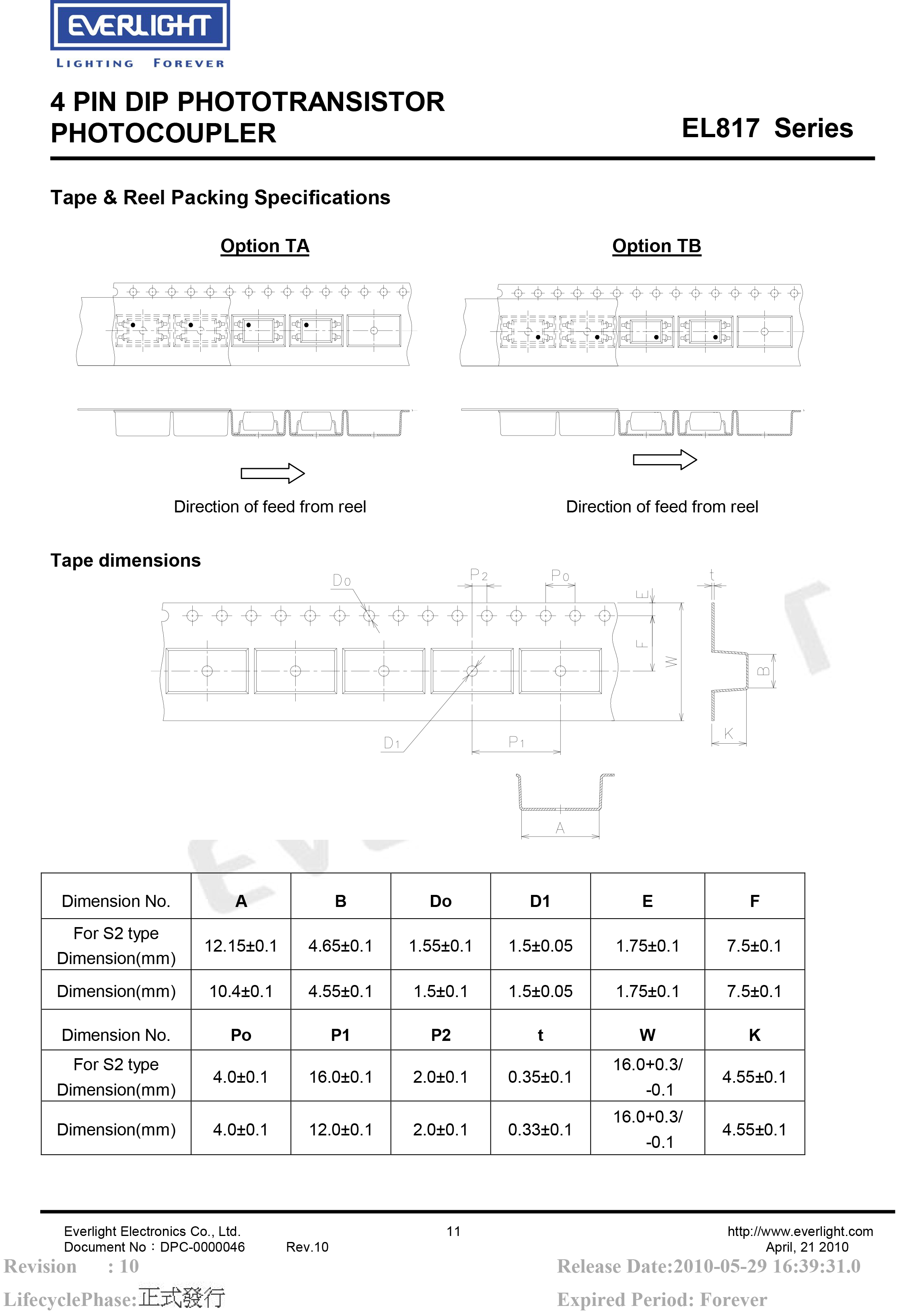 亿光贴片光耦EL817S1(A)(TU)-F 规格书PDF