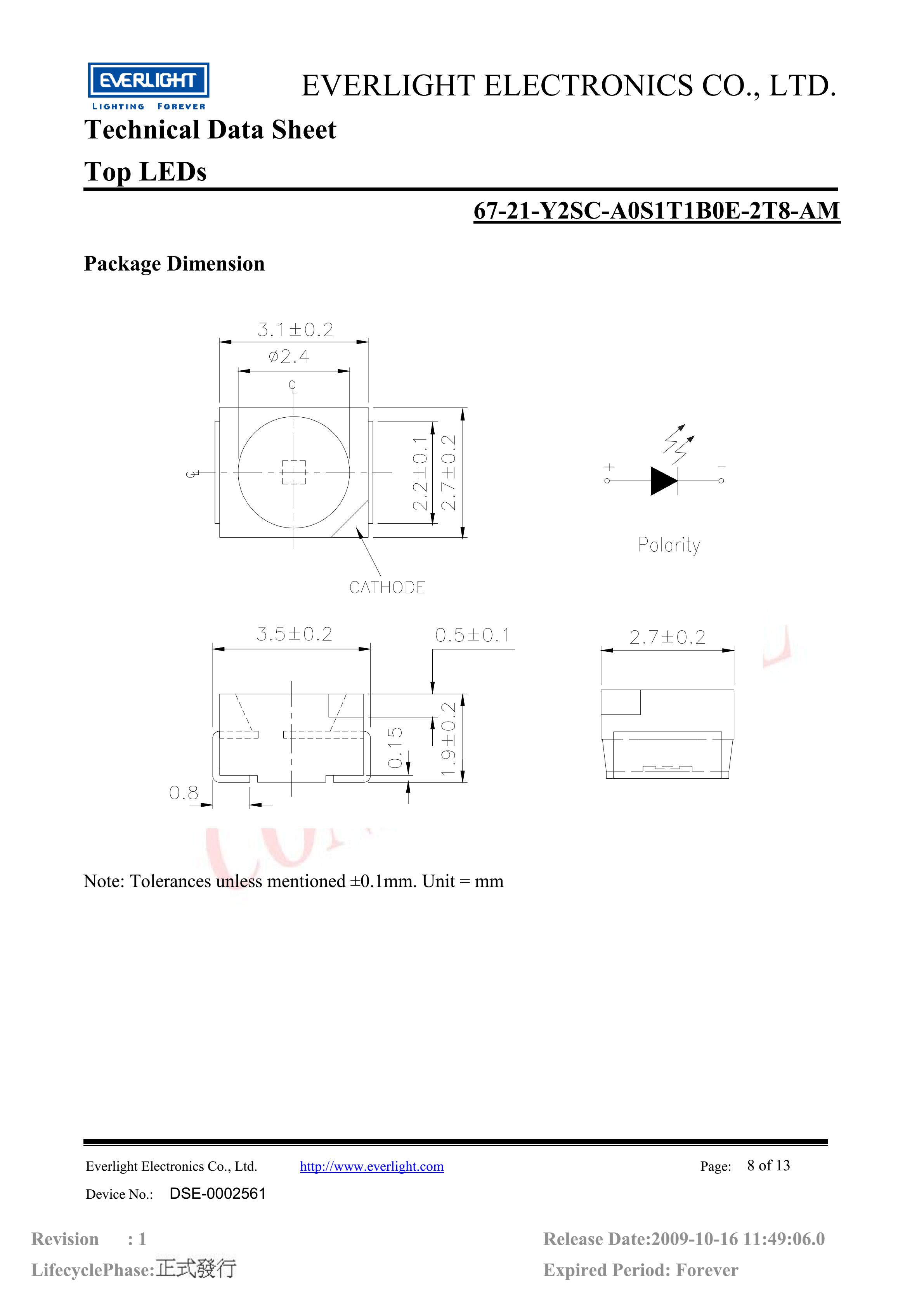 亿光贴片3528汽车专用灯珠67-21-Y2SC-A0S1T1B0E-2T8-AM参数及规格书(PDF 数据表)