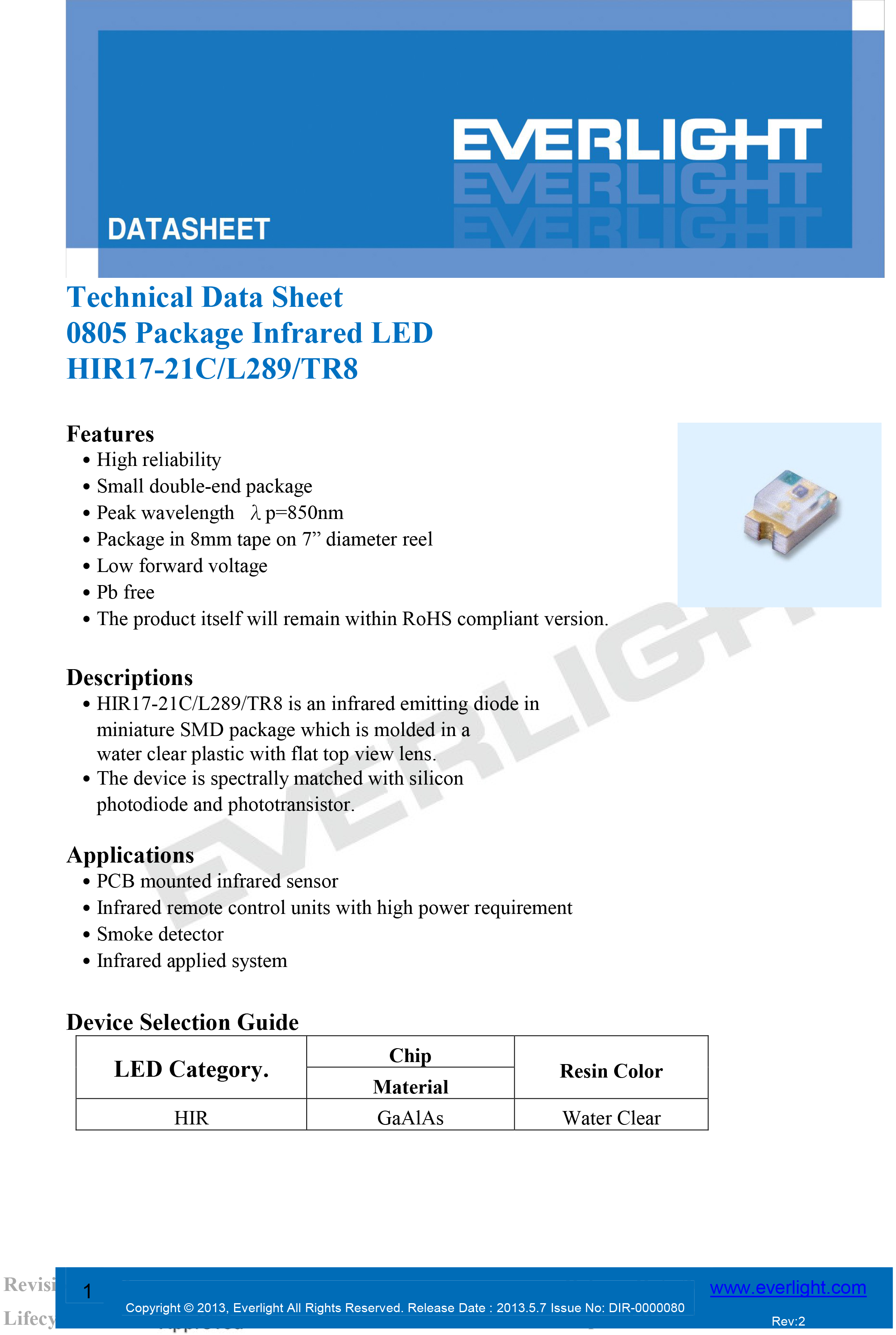 亿光贴片0805红外发射管HIR17-21C/L289/TR8规格书PDF