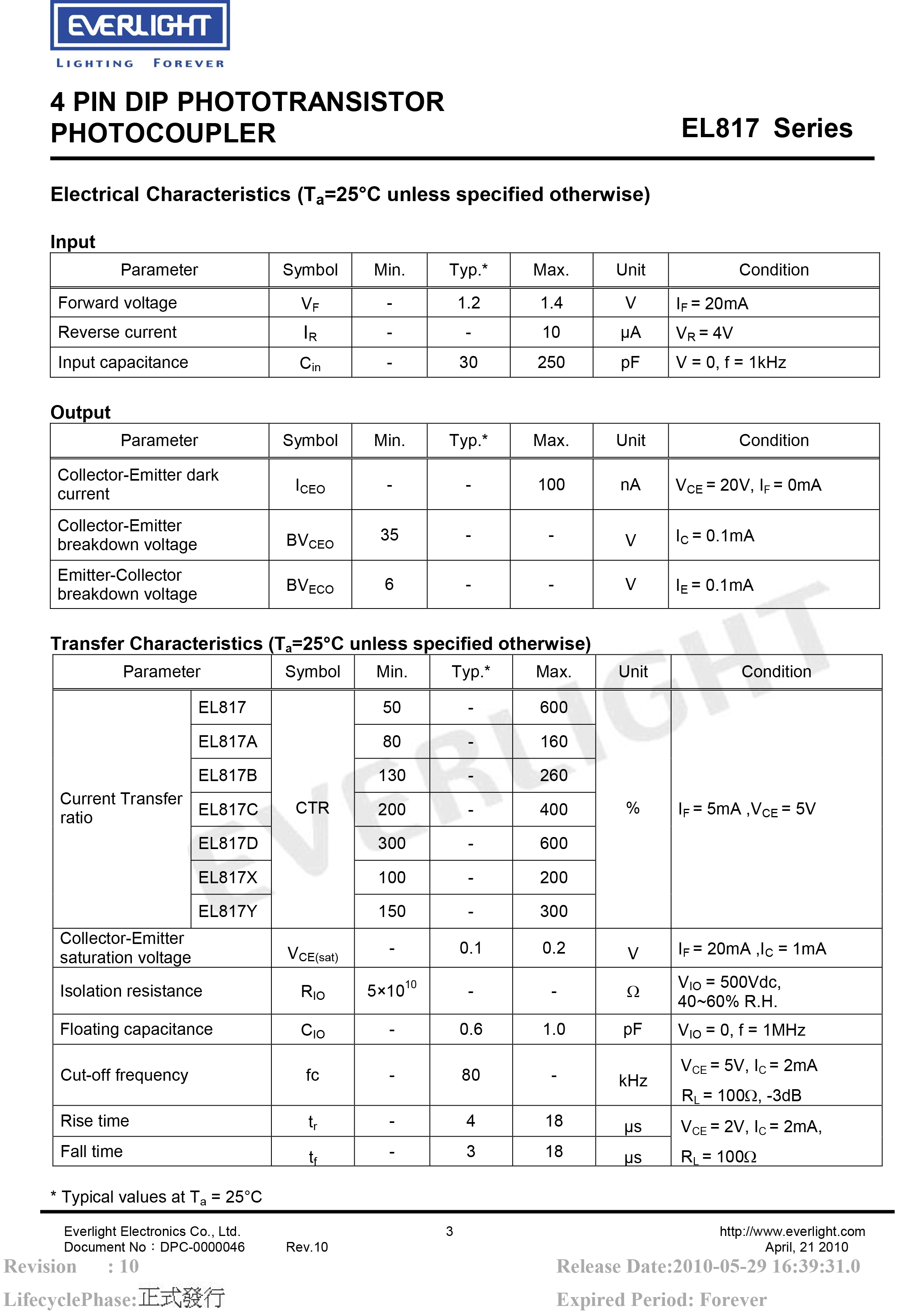 亿光直插光耦EL817 DIP-4光电耦合器规格书PDF