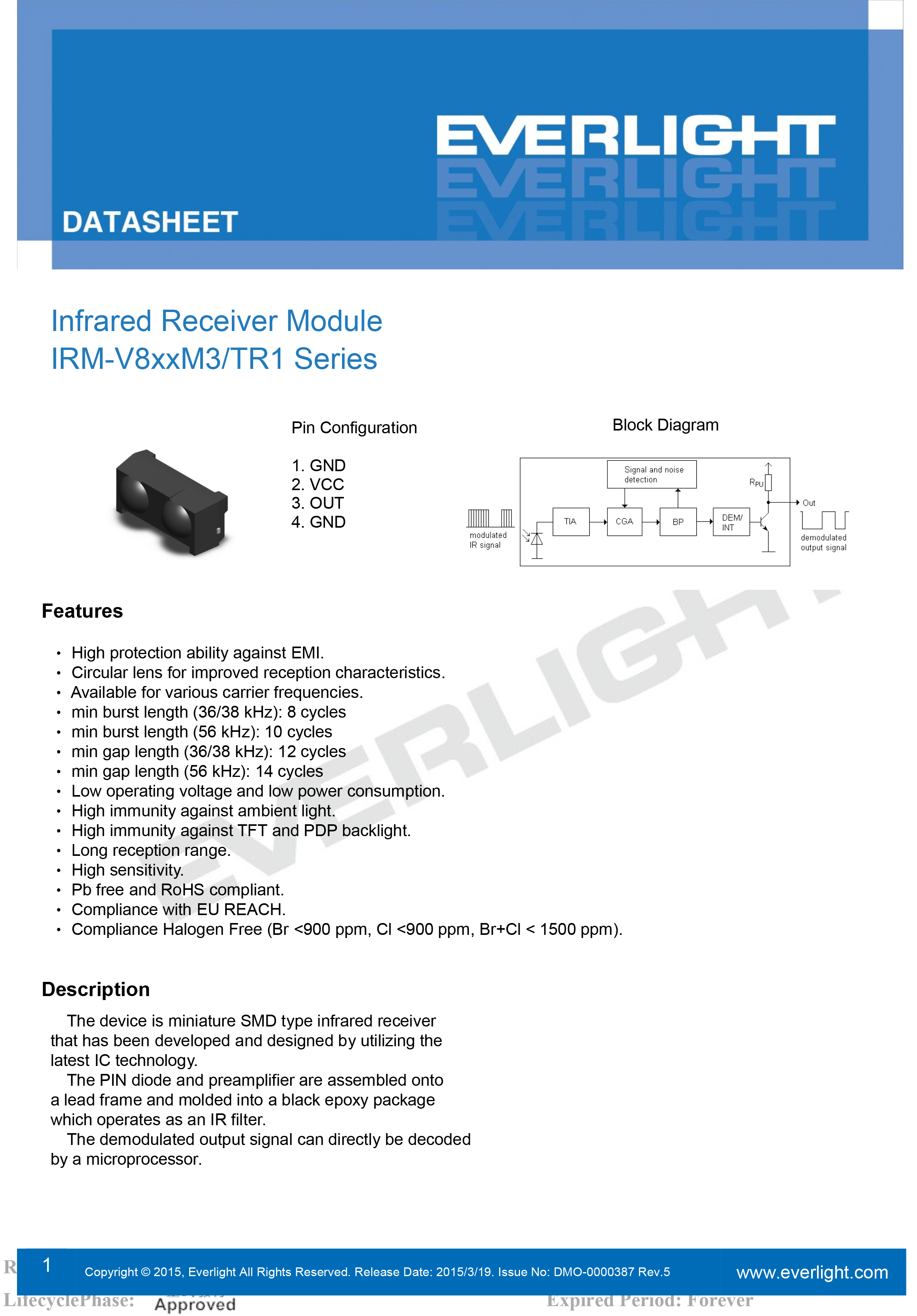 亿光贴片红外接收头IRM-V856M3/TR1规格书PDF（数据表）