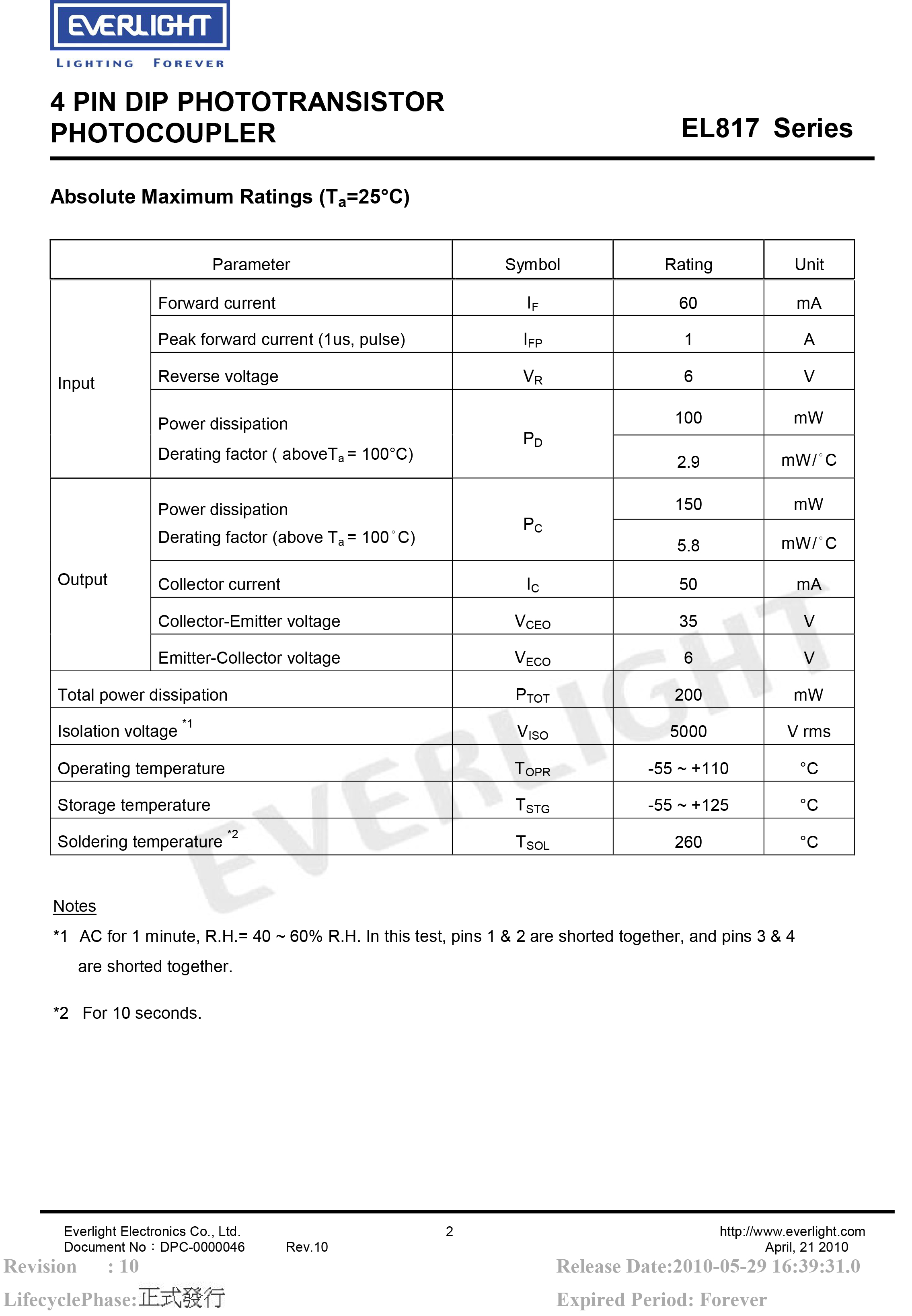 亿光直插光耦EL817 DIP-4光电耦合器规格书PDF