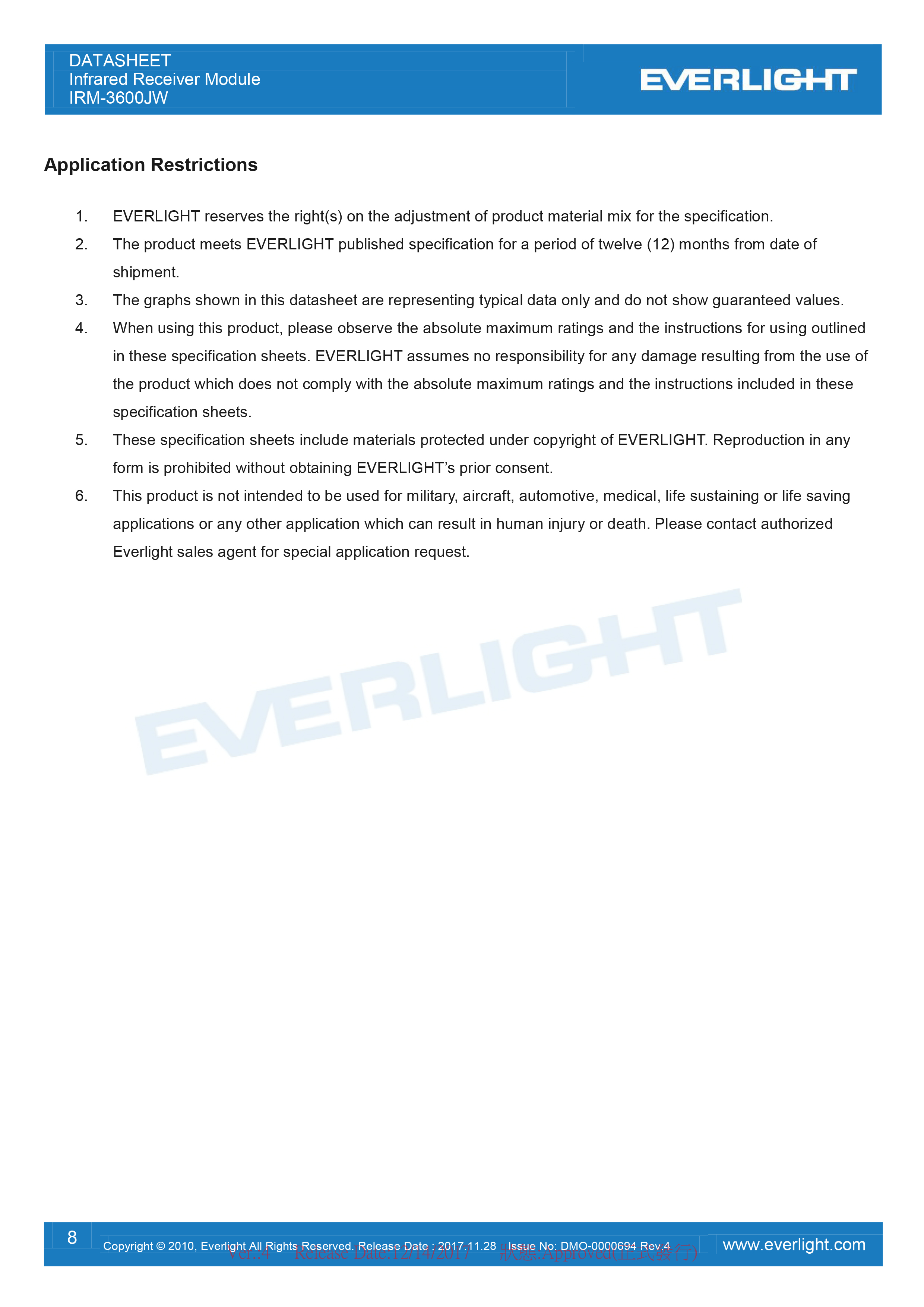 亿光红外变频接收头IRM-3600JW 规格书PDF