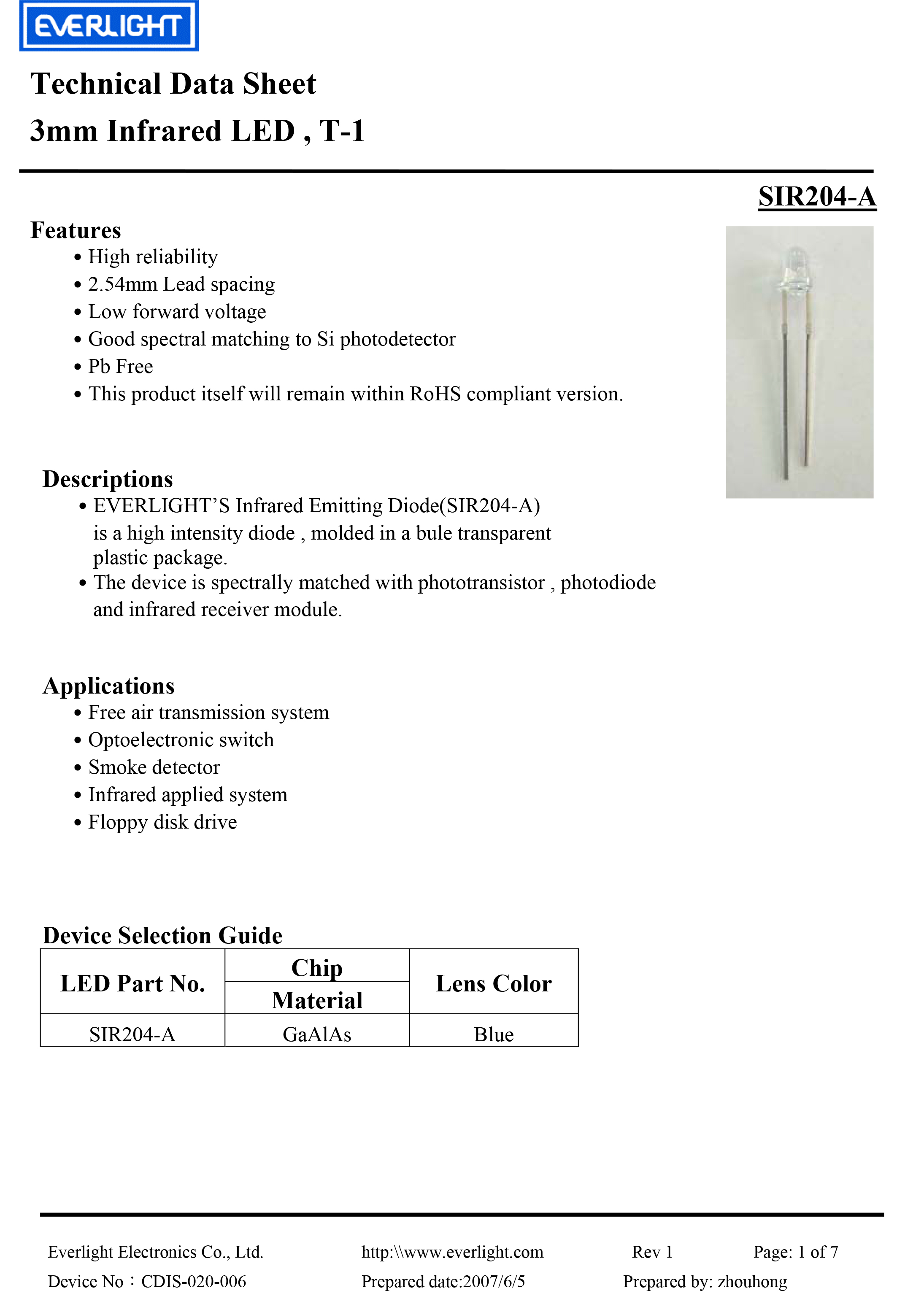亿光3mm直插红外发射管SIR204-A规格书PDF