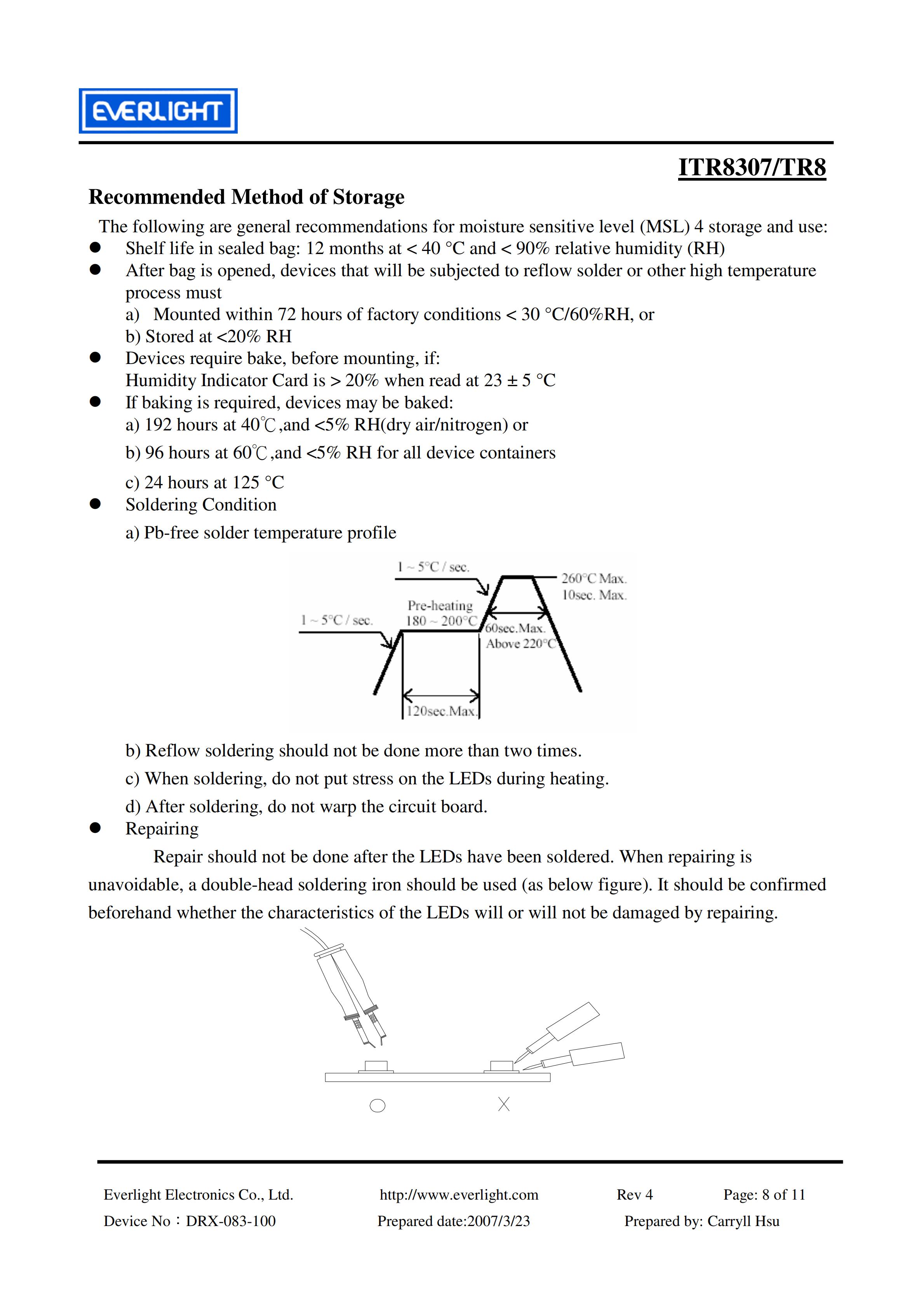 亿光反射式光电开关ITR8307/TR8开关传感器参数及规格书(PDF 数据表)