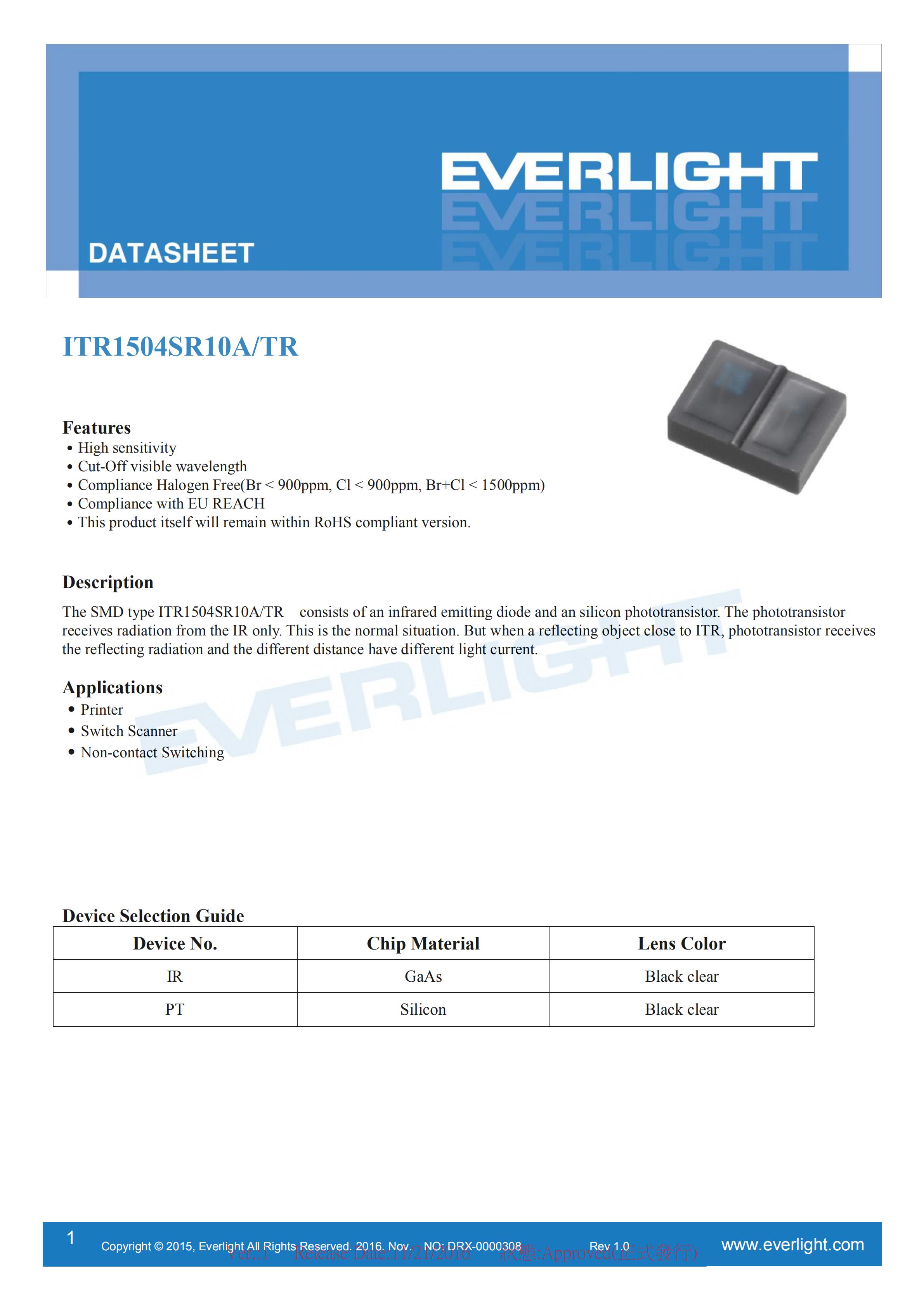 亿光ITR1504SR10A/TR贴片反射式光电开关参数及规格书(PDF 数据表)