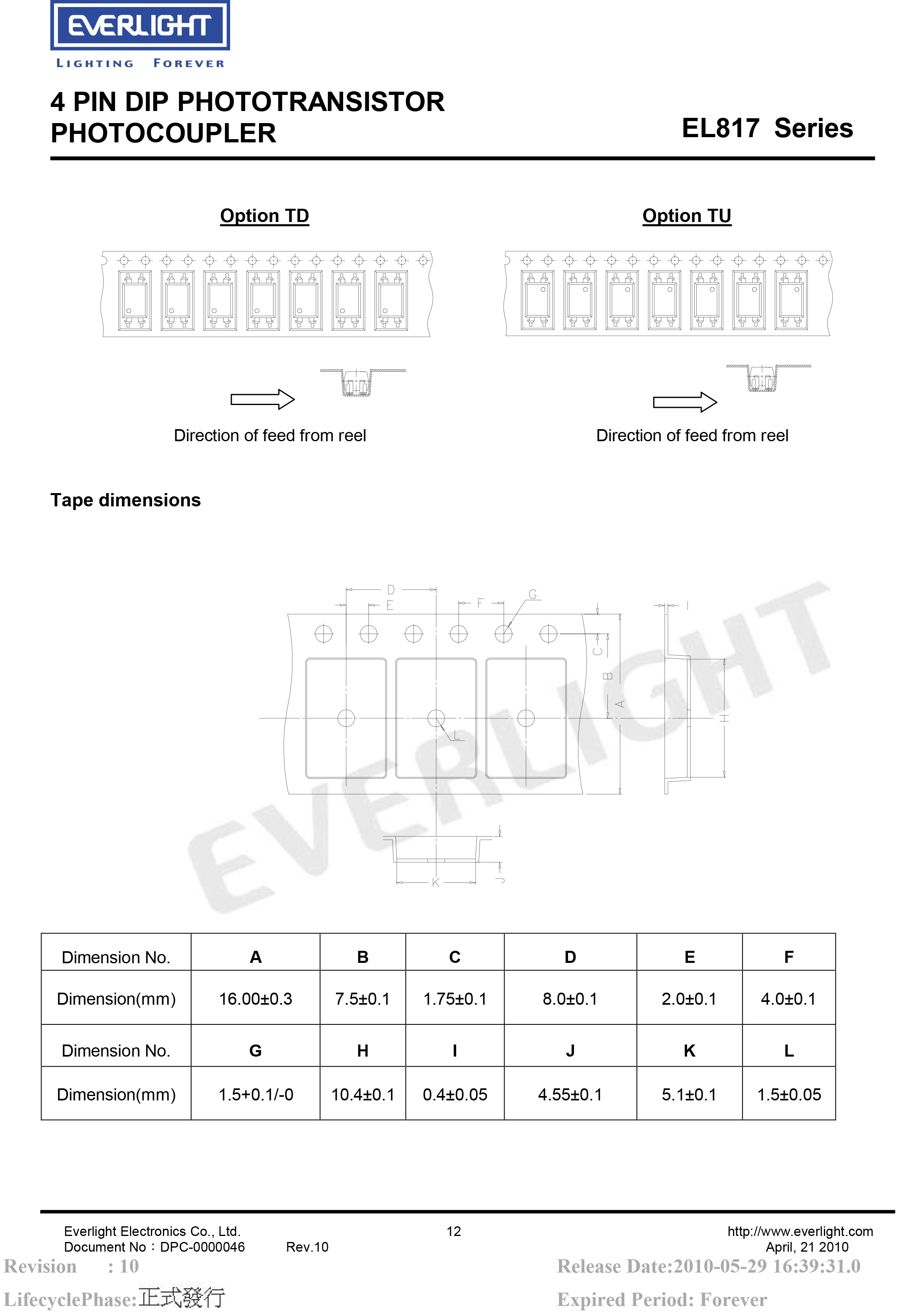亿光直插光耦EL817 DIP-4光电耦合器规格书PDF