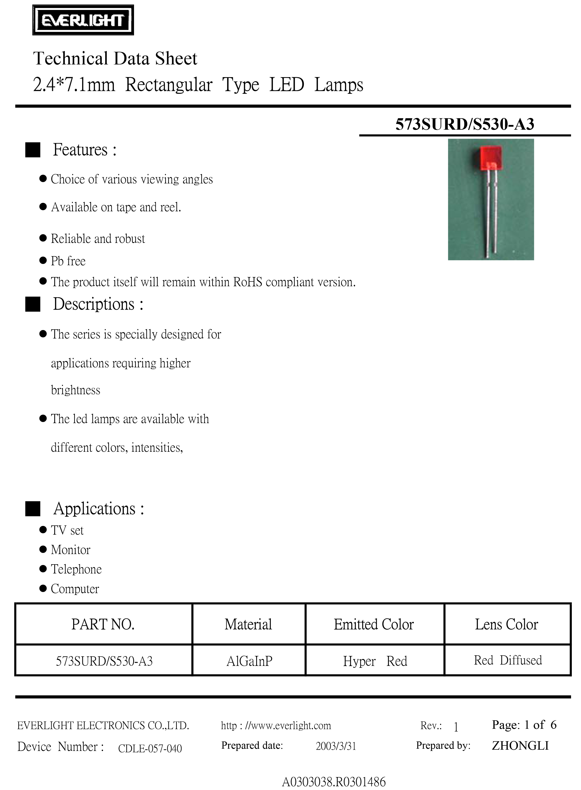 亿光直插方形发光二级管573SURD/S530-A3规格书PDF（数据表）