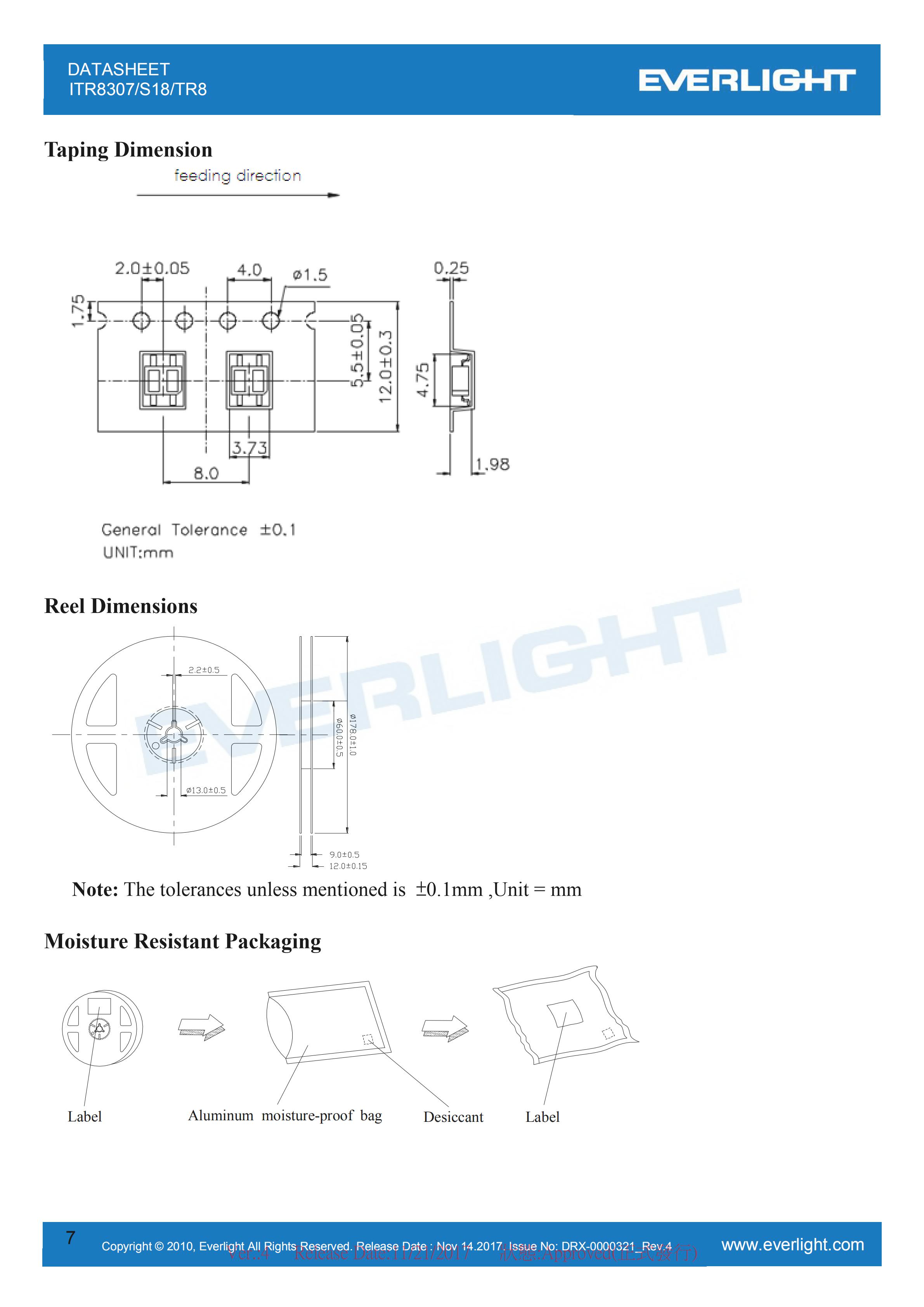 亿光贴片反射式光电开关ITR8307/S18/TR8参数及规格书(PDF 数据表)
