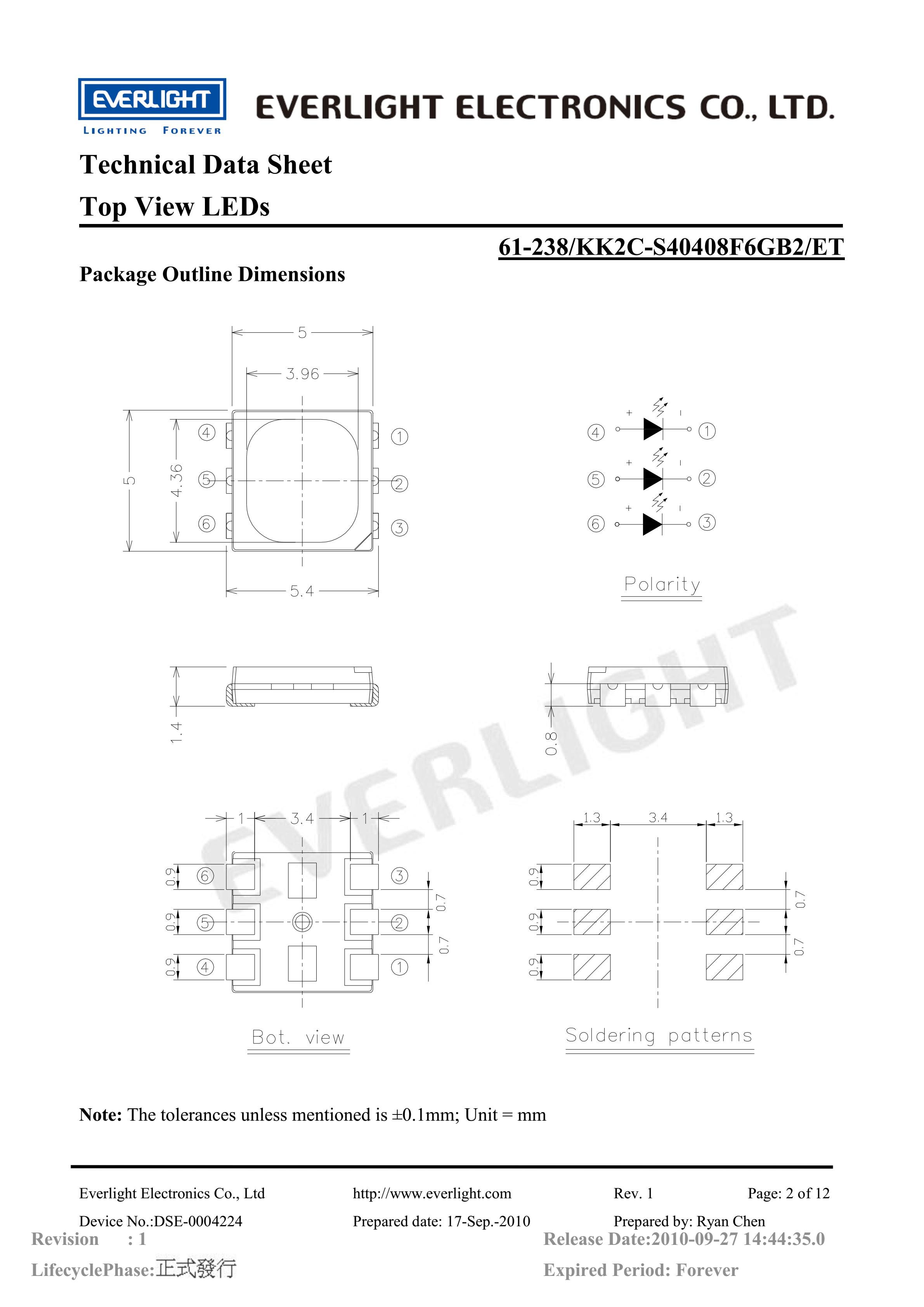 亿光贴片5050灯珠61-238-KK2C-S40408F6GB2-ET白光规格书PDF（数据表）