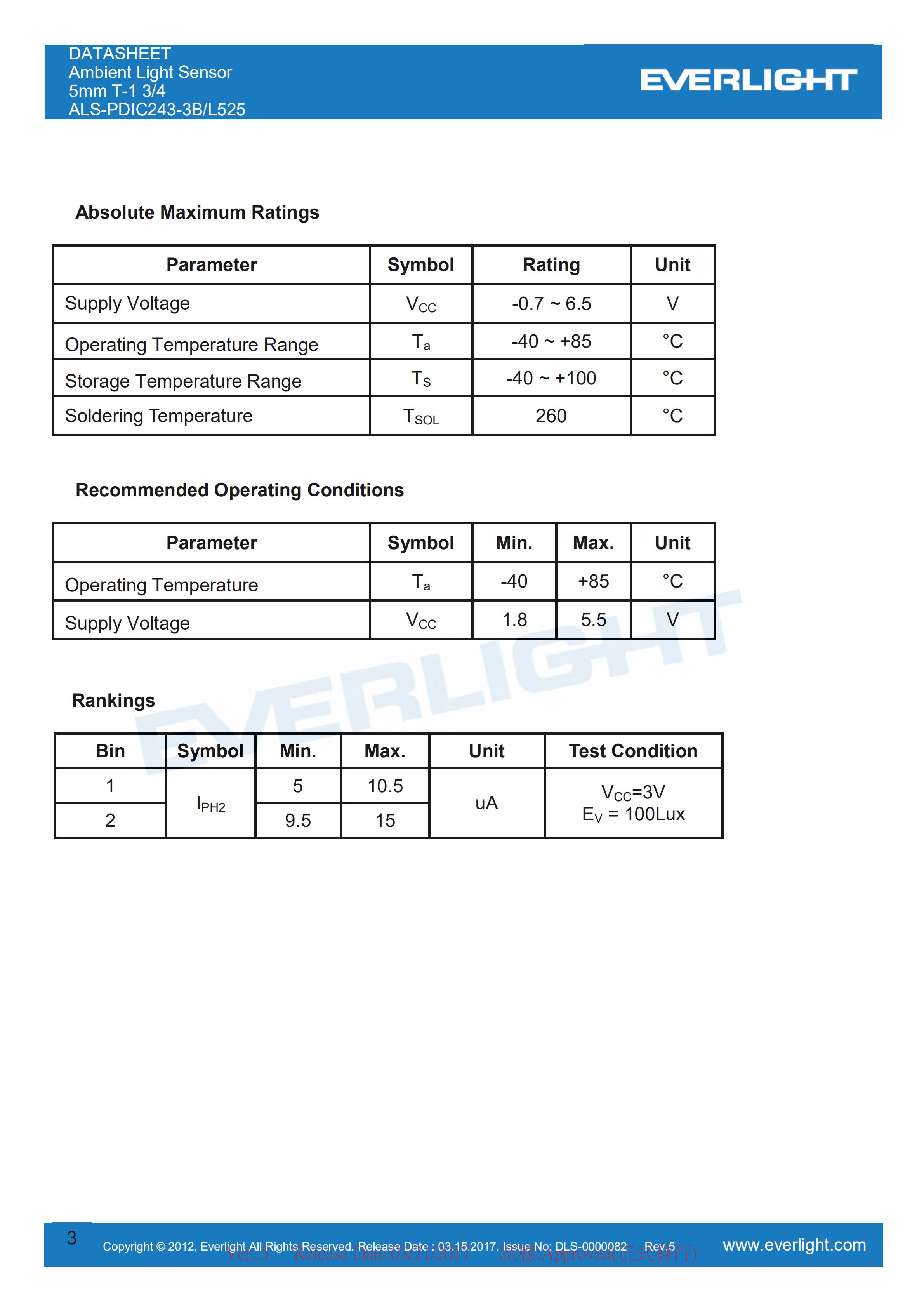 EVERLIGHT环境光传感器ALS-PDIC243-3B/L525光传感器规格书（数据表PDF）