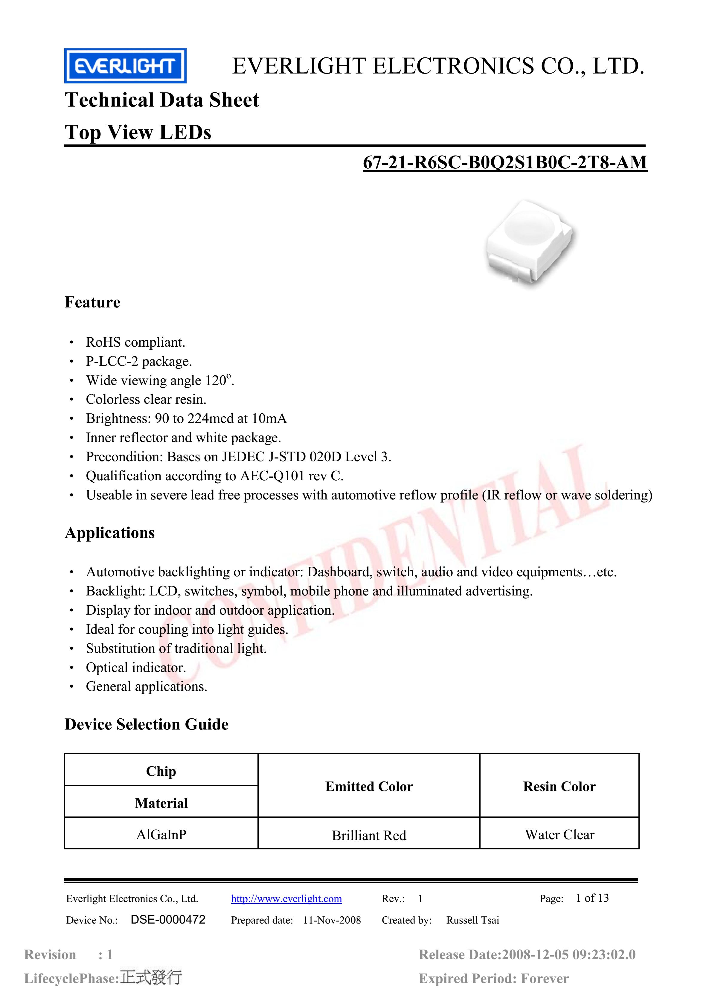 亿光贴片3528汽车专用灯珠67-21-R6SC-B0Q2S1B0C-2T8-AM红光规格书PDF（数据表）