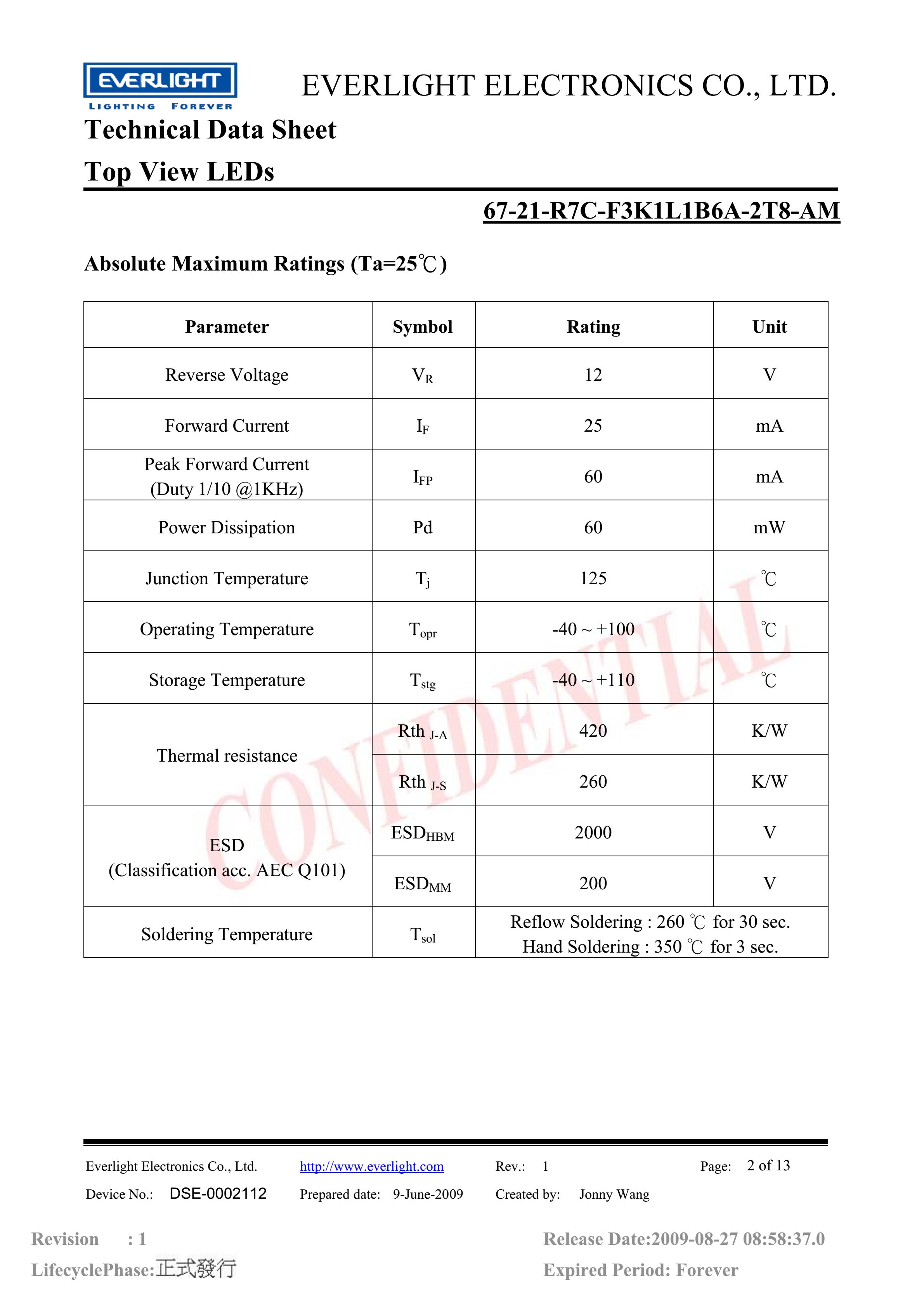 亿光贴片3528汽车专用灯珠67-21-R7C-F3K1L1B6A-2T8-AM红光规格书PDF（数据表）