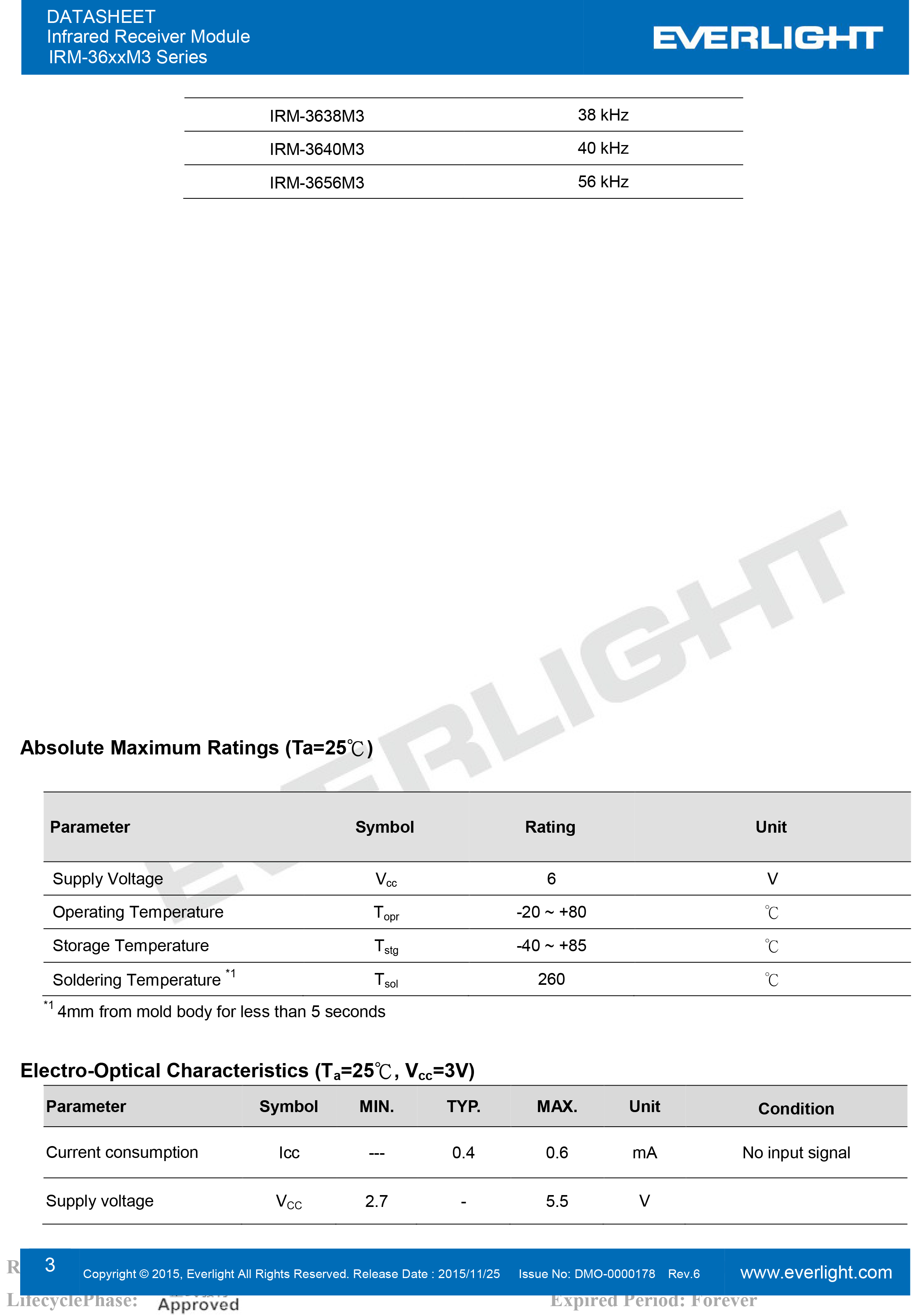 亿光直插红外接收头IRM-3656M3规格书PDF