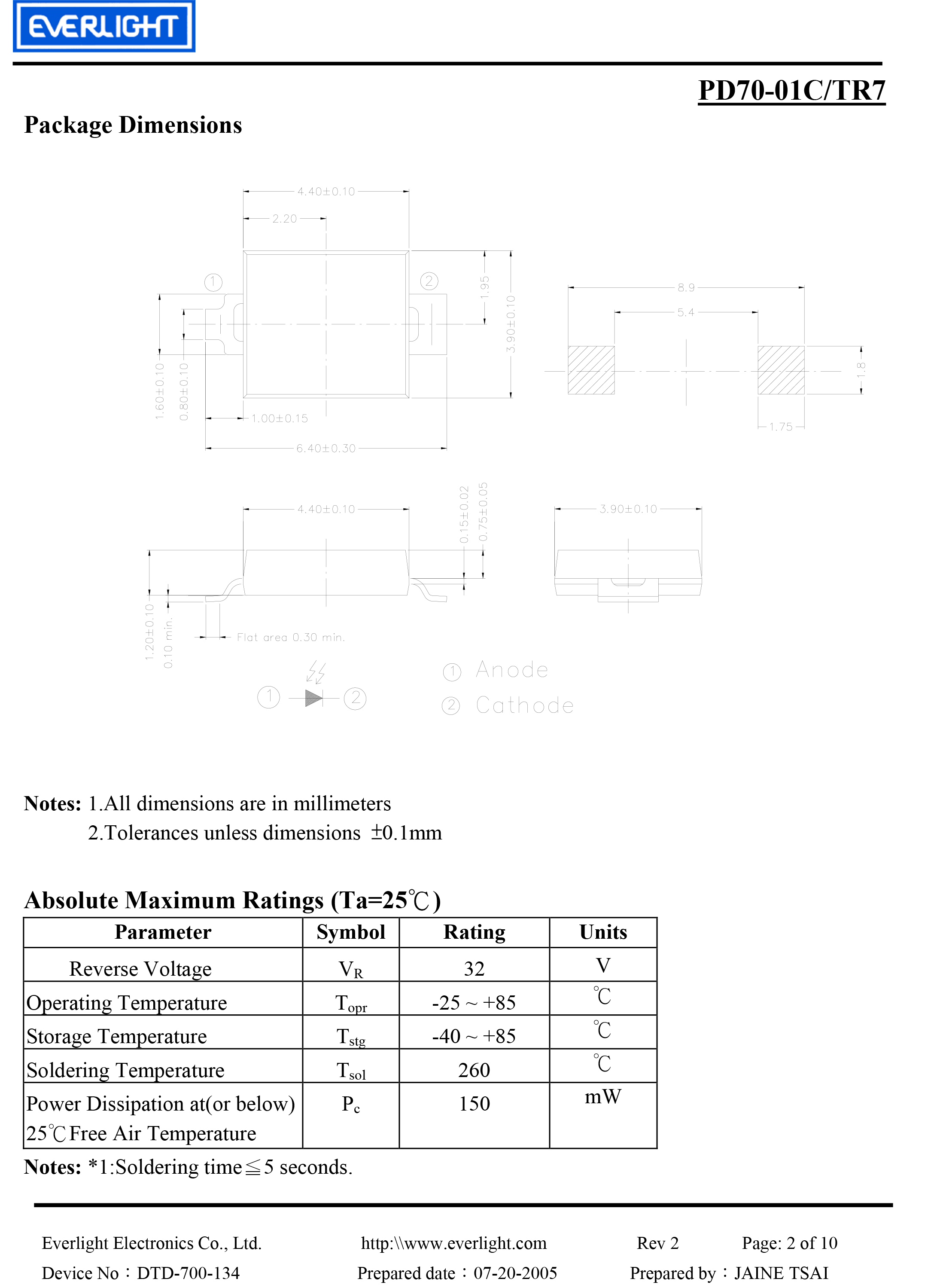 亿光贴片红外接收管PD70-01C/TR7规格书PDF