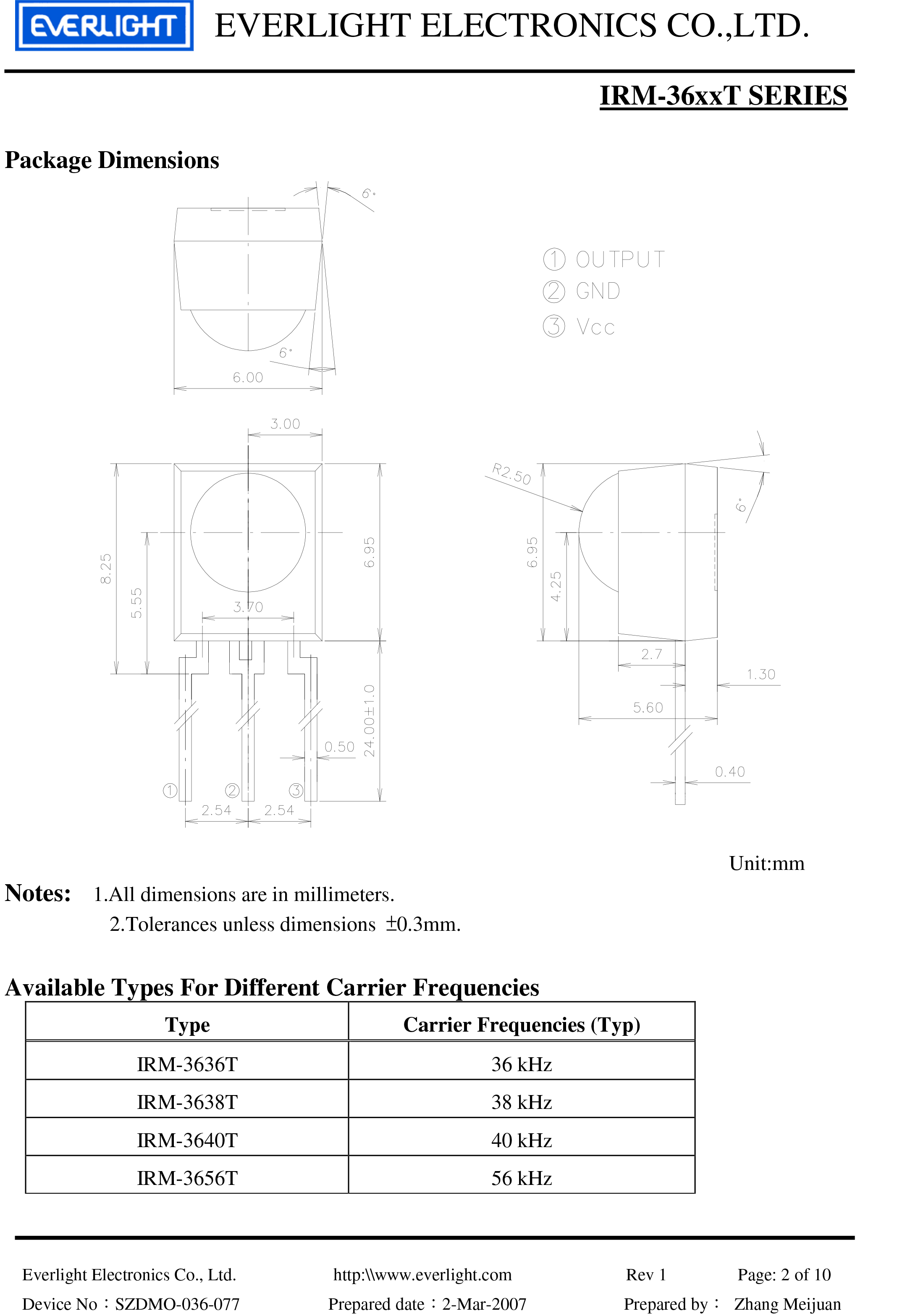 亿光直插红外接收头IRM-3636T规格书PDF