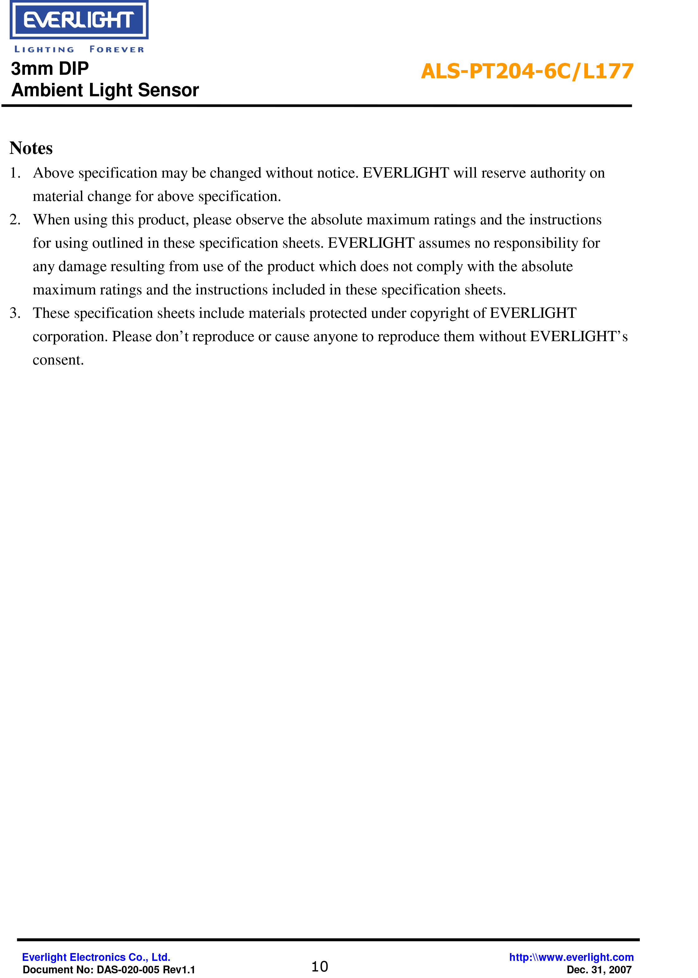 亿光直插3mm环境光传感器ALS-PT204-6C-L177规格书（数据表PDF）