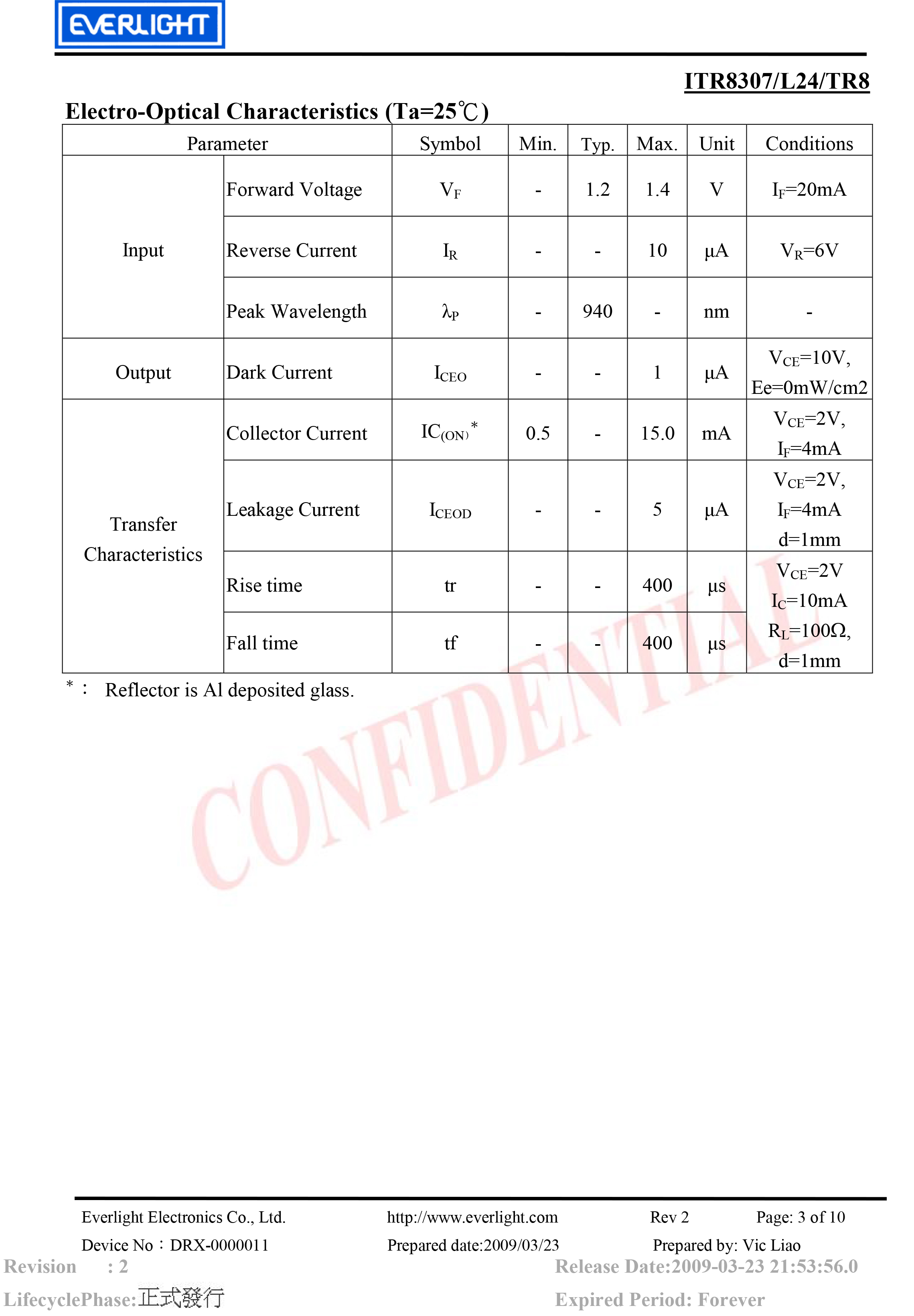亿光贴片反射式光电开关ITR8307-L24/TR8规格书PDF 数据表