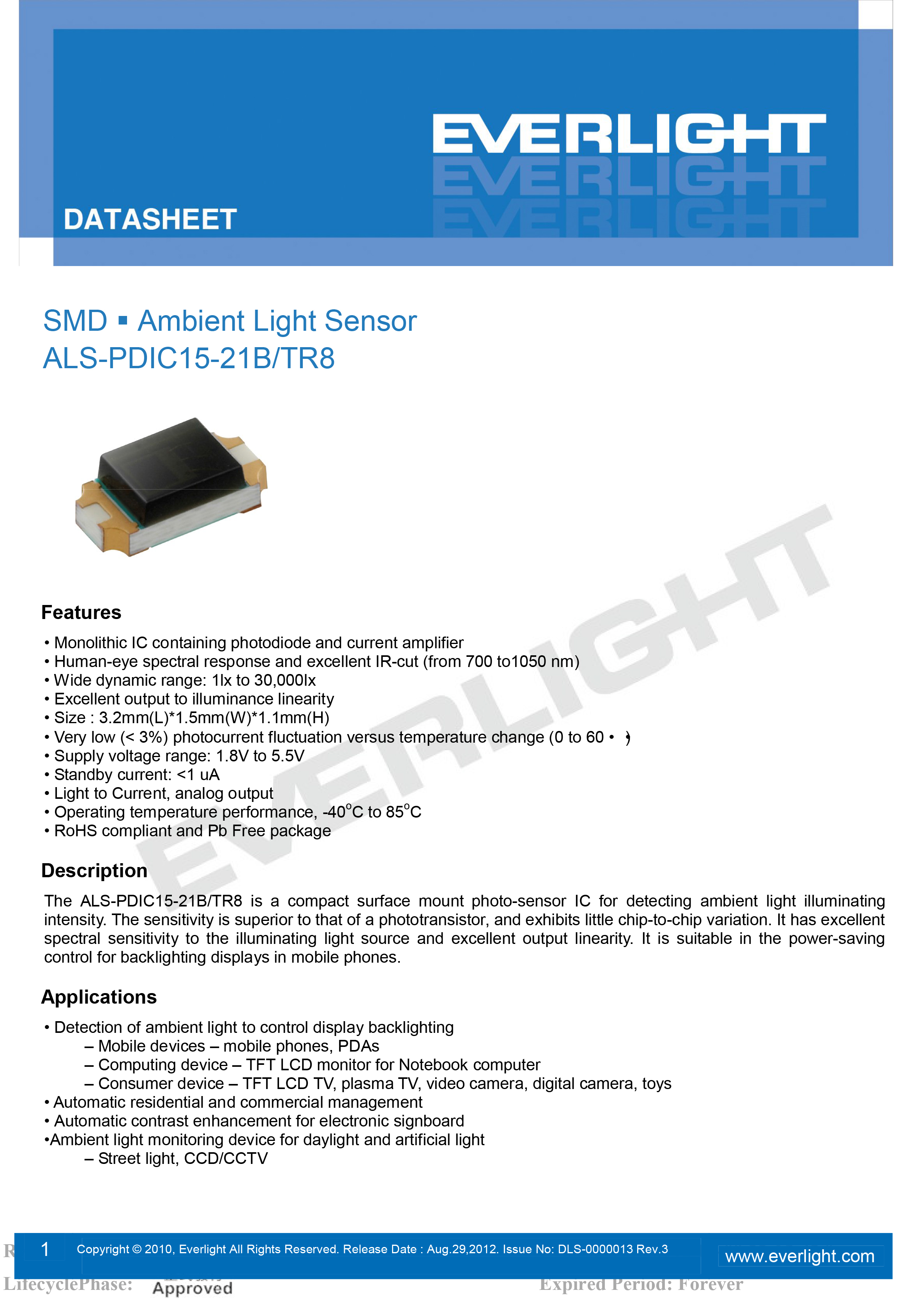 亿光贴片1206环境光传感器ALS-PDIC15-21B/TR8规格书PDF数据表